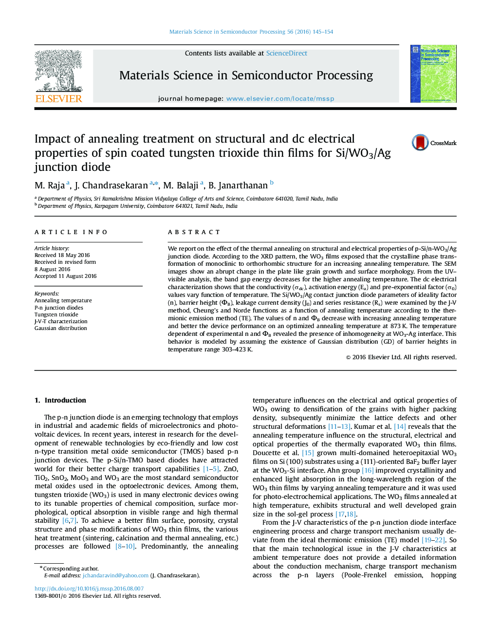 Impact of annealing treatment on structural and dc electrical properties of spin coated tungsten trioxide thin films for Si/WO3/Ag junction diode