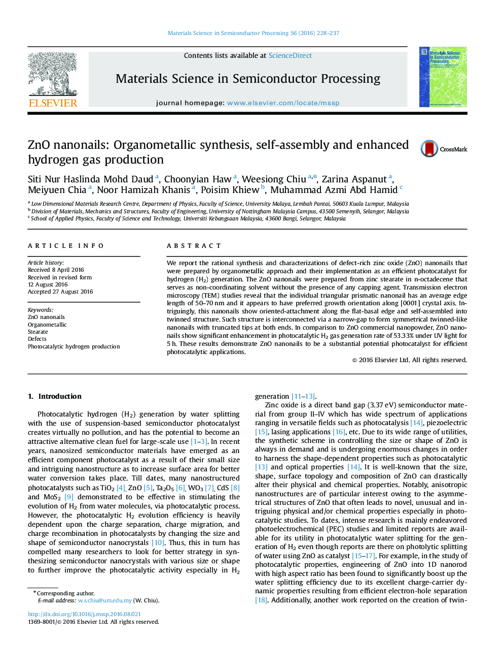 ZnO nanonails: Organometallic synthesis, self-assembly and enhanced hydrogen gas production