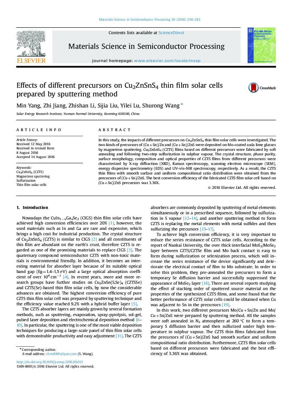 Effects of different precursors on Cu2ZnSnS4 thin film solar cells prepared by sputtering method