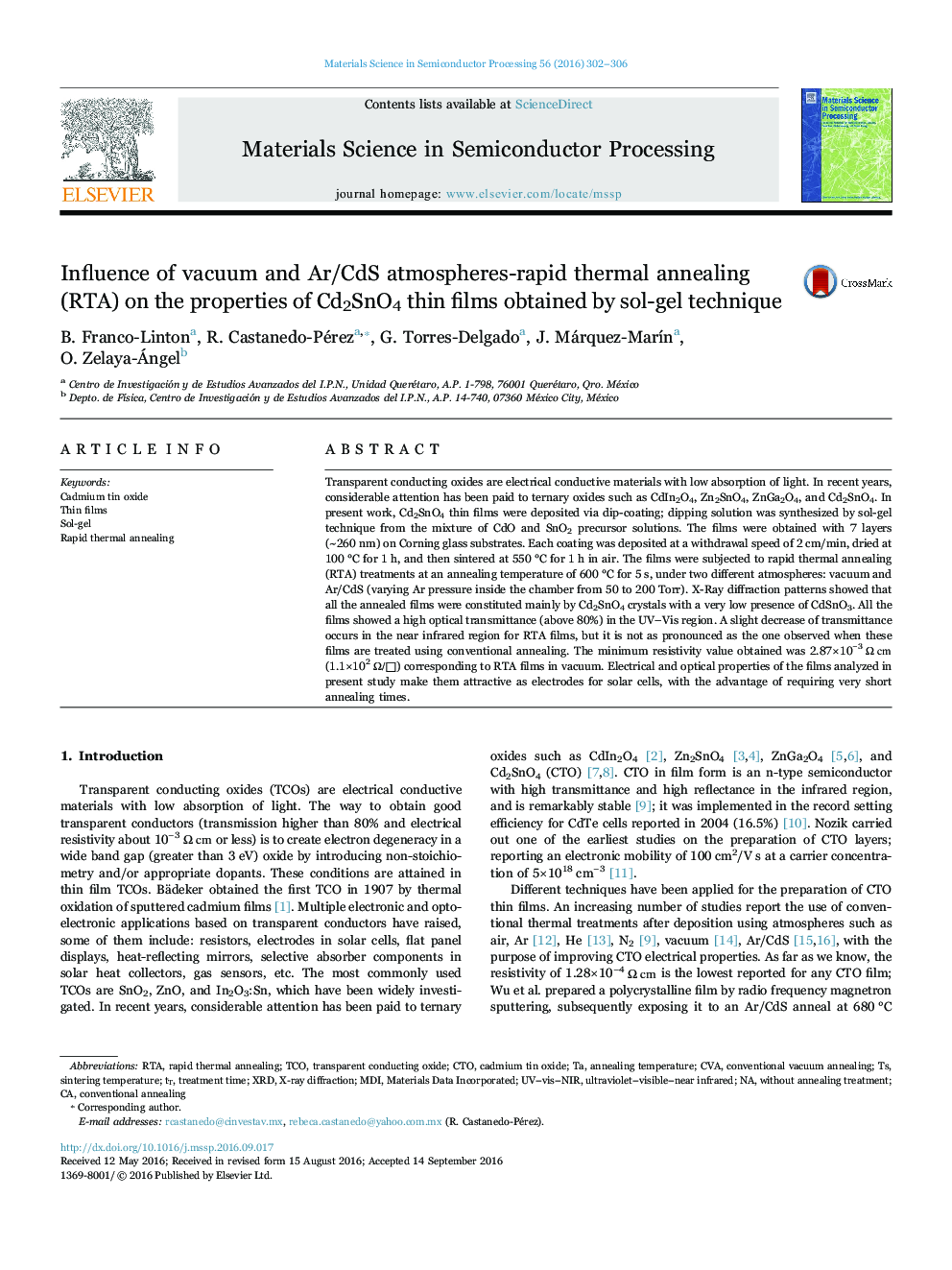 Influence of vacuum and Ar/CdS atmospheres-rapid thermal annealing (RTA) on the properties of Cd2SnO4 thin films obtained by sol-gel technique