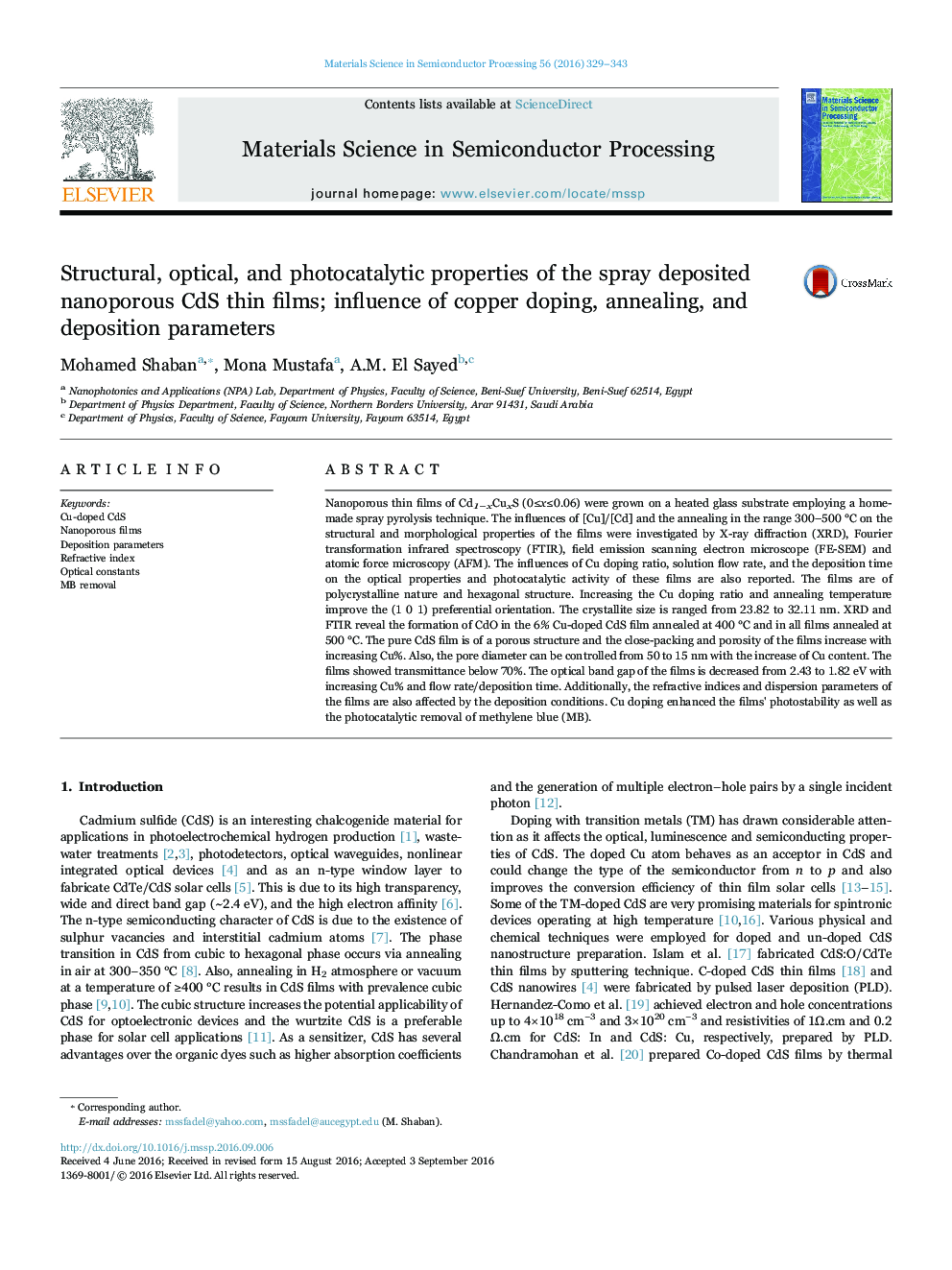 Structural, optical, and photocatalytic properties of the spray deposited nanoporous CdS thin films; influence of copper doping, annealing, and deposition parameters