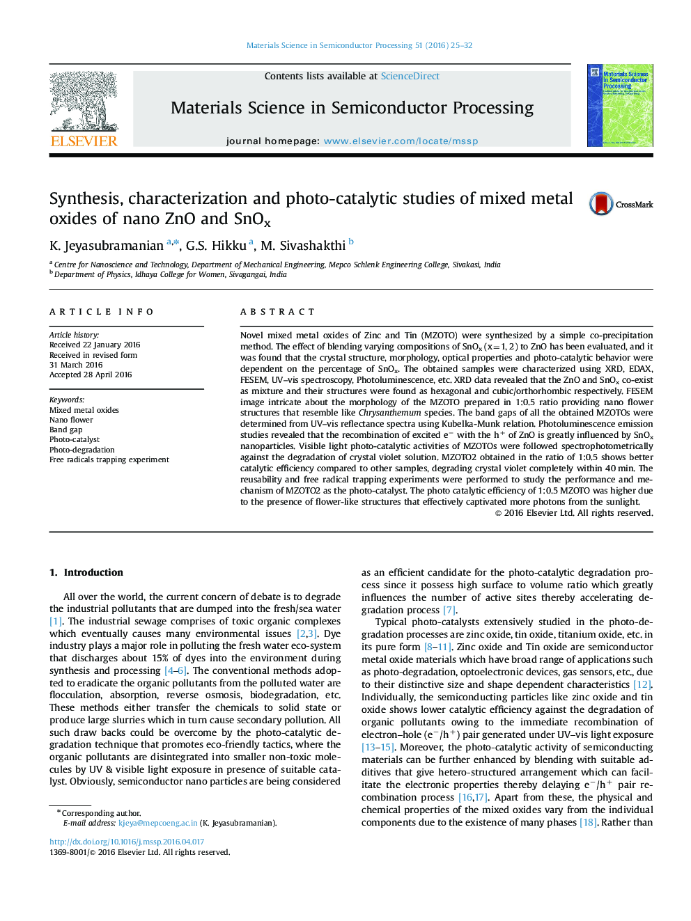 Synthesis, characterization and photo-catalytic studies of mixed metal oxides of nano ZnO and SnOx