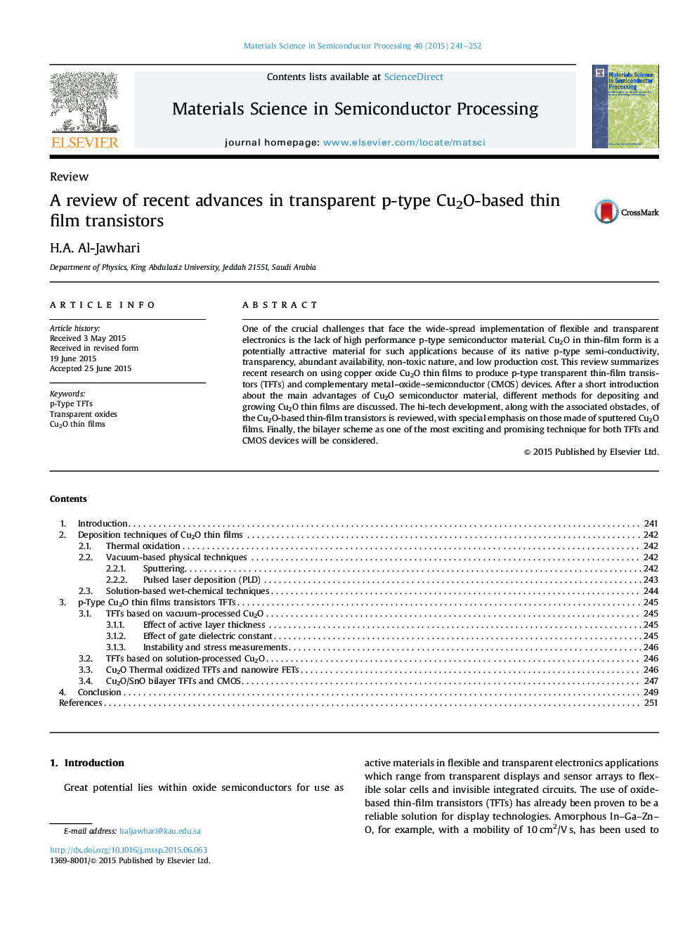 A review of recent advances in transparent p-type Cu2O-based thin film transistors