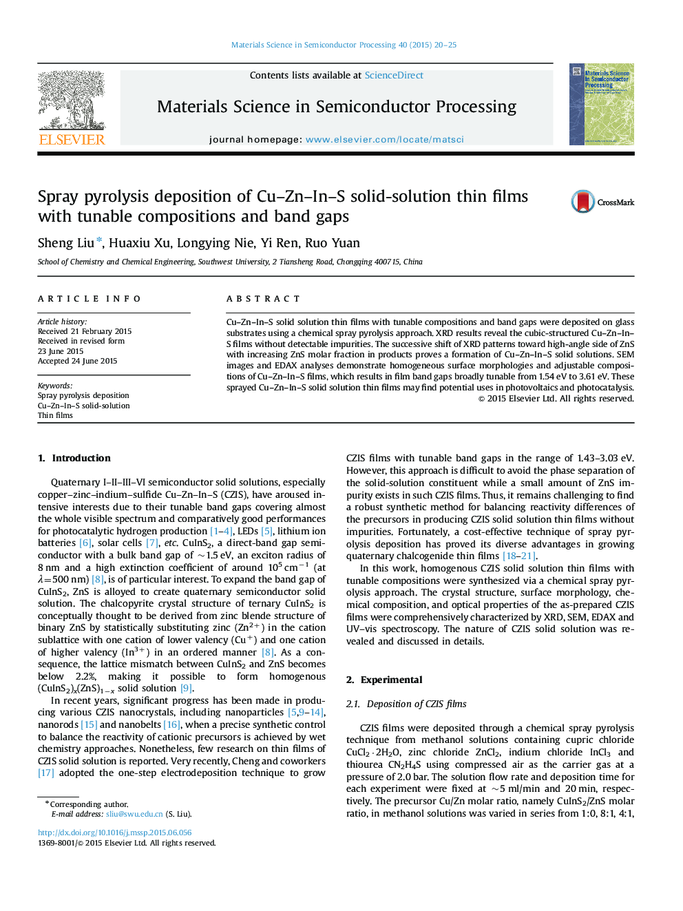 Spray pyrolysis deposition of Cu-Zn-In-S solid-solution thin films with tunable compositions and band gaps