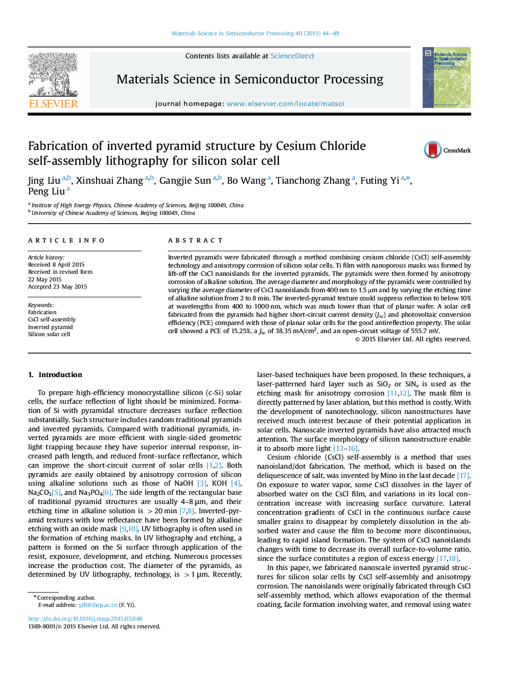 Fabrication of inverted pyramid structure by Cesium Chloride self-assembly lithography for silicon solar cell