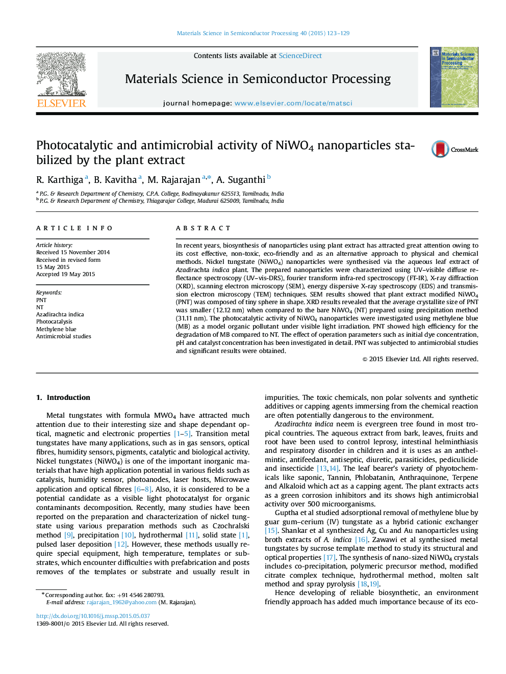 عکس صفحه اول مقاله: Photocatalytic and antimicrobial activity of NiWO4 nanoparticles stabilized by the plant extract Photocatalytic and antimicrobial activity of NiWO4 nanoparticles stabilized by the plant extract