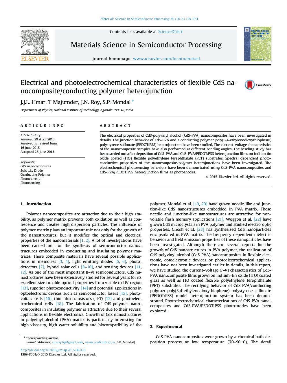 Electrical and photoelectrochemical characteristics of flexible CdS nanocomposite/conducting polymer heterojunction