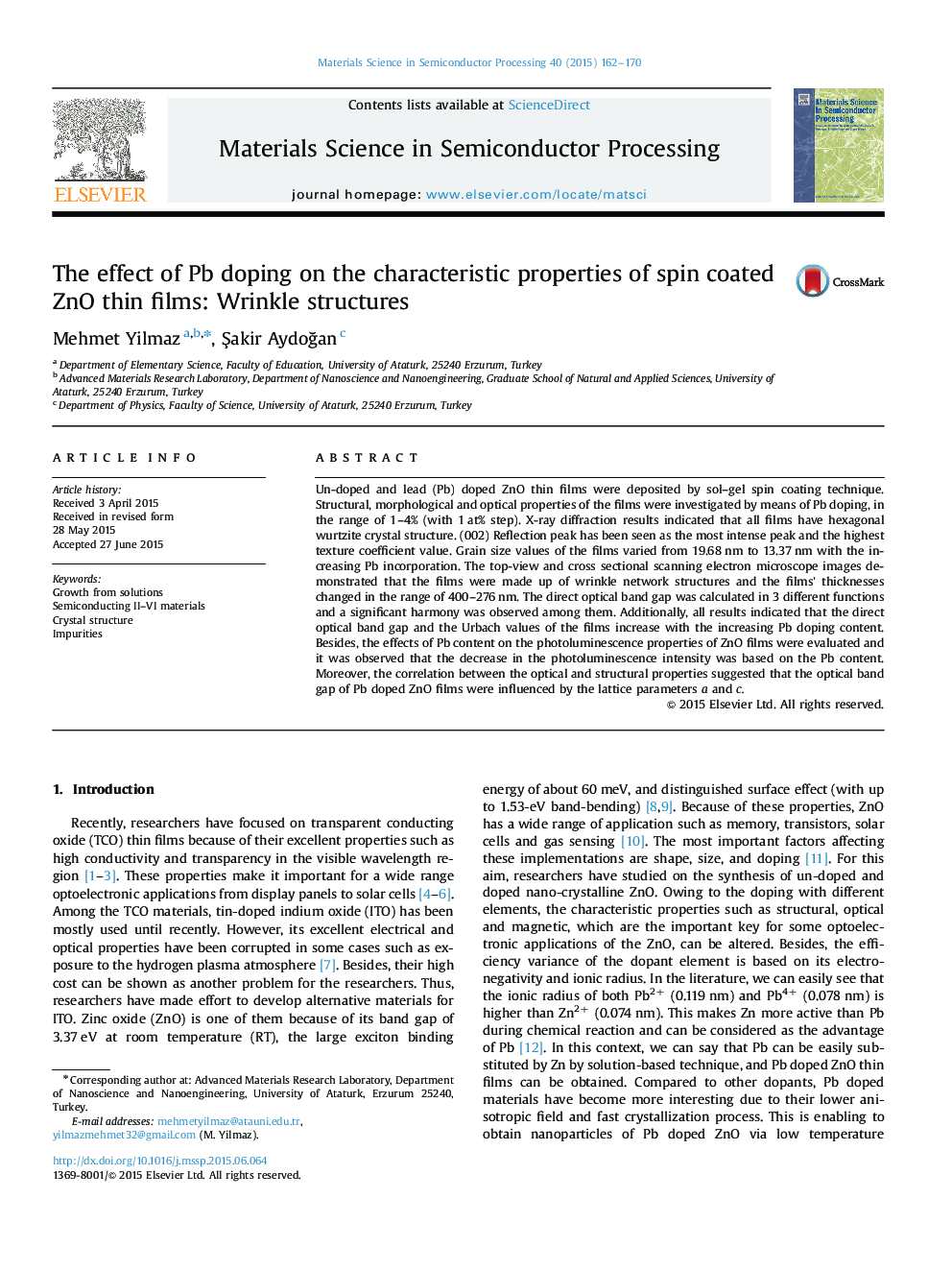 The effect of Pb doping on the characteristic properties of spin coated ZnO thin films: Wrinkle structures