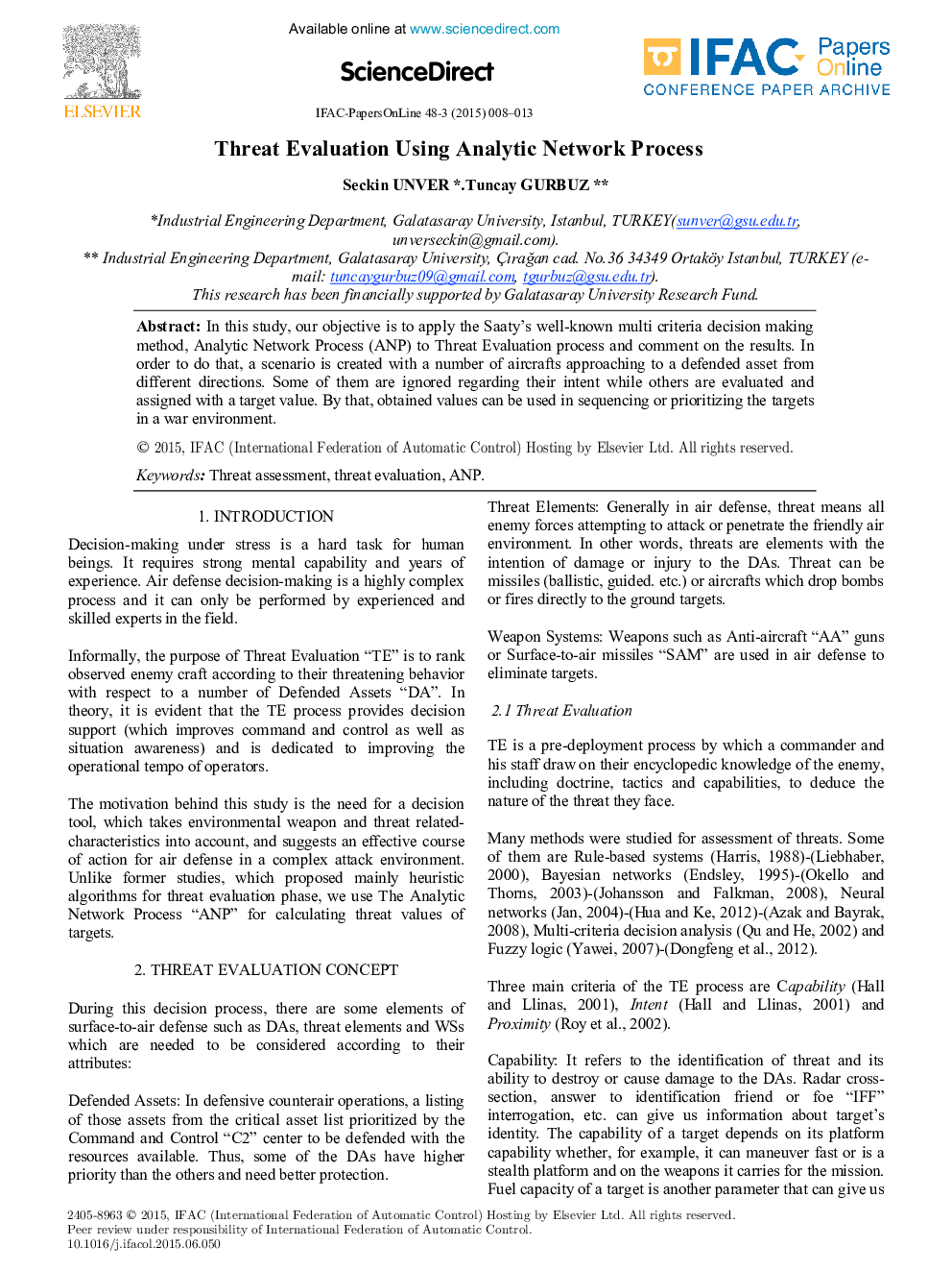 Threat Evaluation Using Analytic Network Process