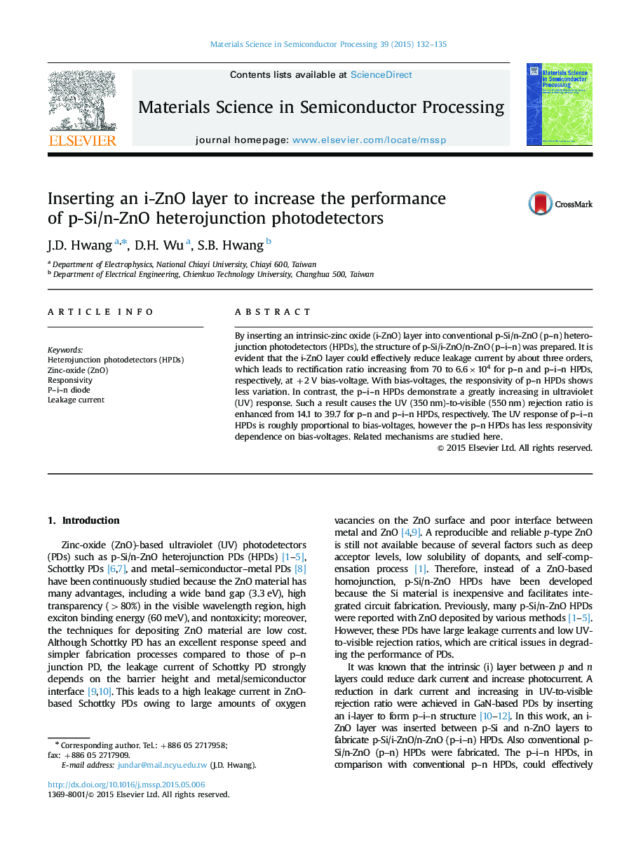 Inserting an i-ZnO layer to increase the performance of p-Si/n-ZnO heterojunction photodetectors