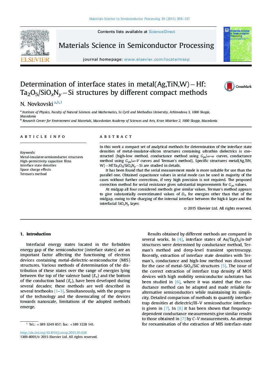 Determination of interface states in metal(Ag,TiN,W)âHf:Ta2O5/SiOxNyâSi structures by different compact methods