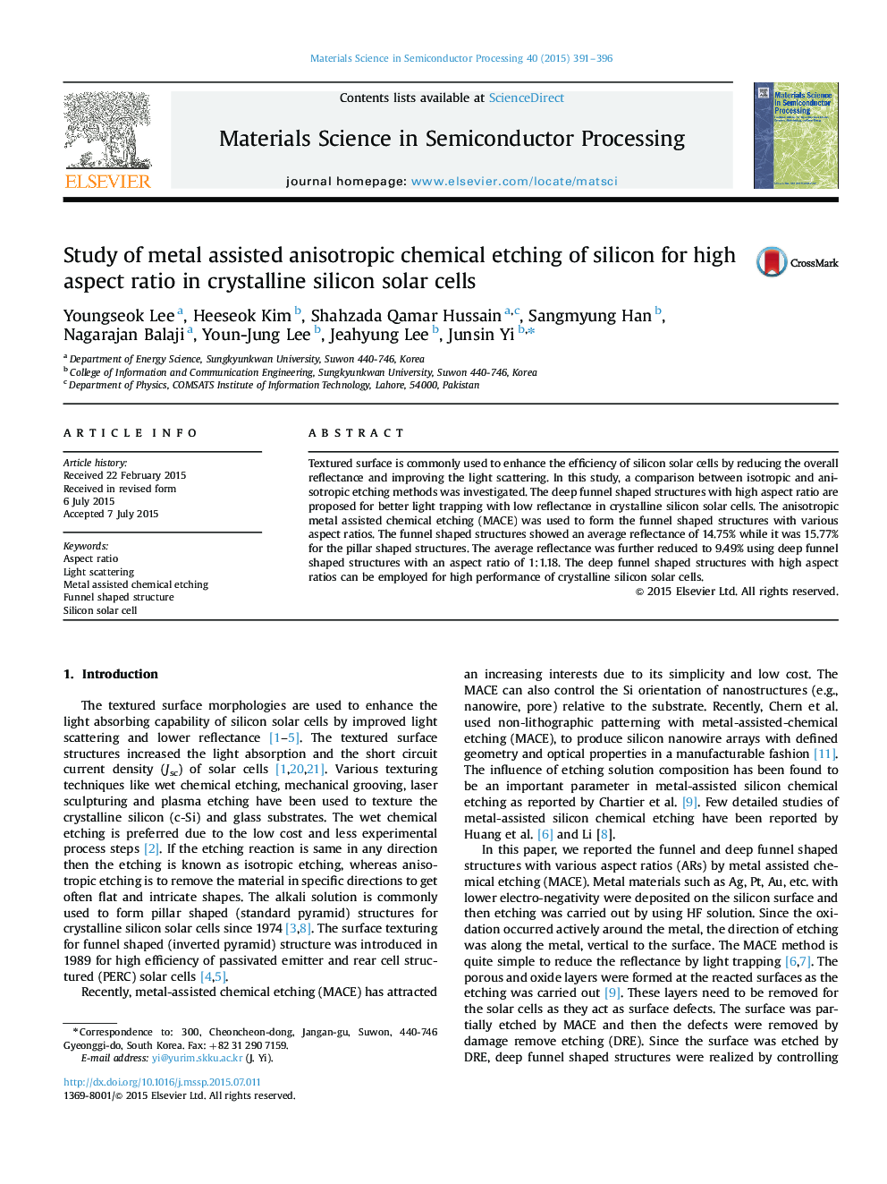 Study of metal assisted anisotropic chemical etching of silicon for high aspect ratio in crystalline silicon solar cells