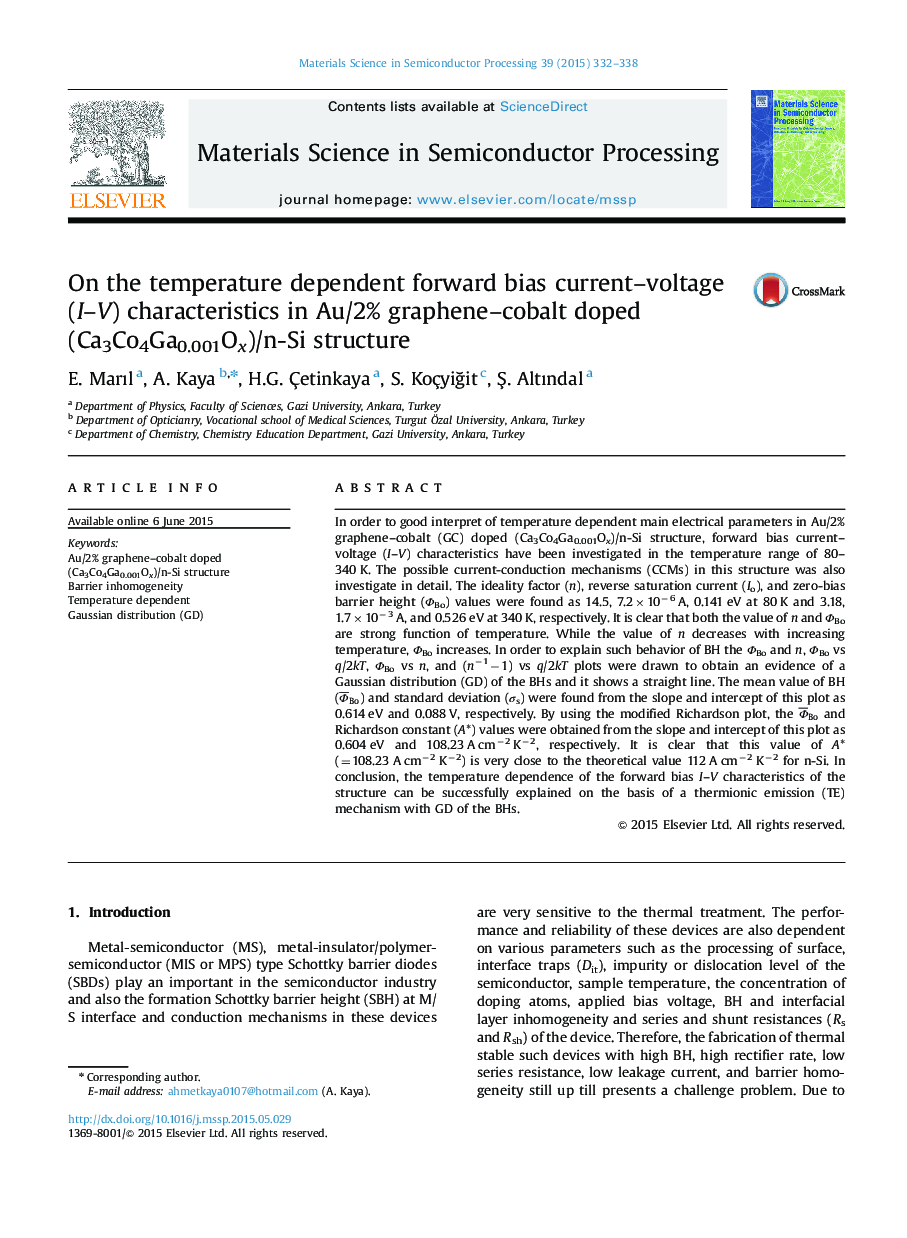 On the temperature dependent forward bias current-voltage (I-V) characteristics in Au/2% graphene-cobalt doped (Ca3Co4Ga0.001Ox)/n-Si structure