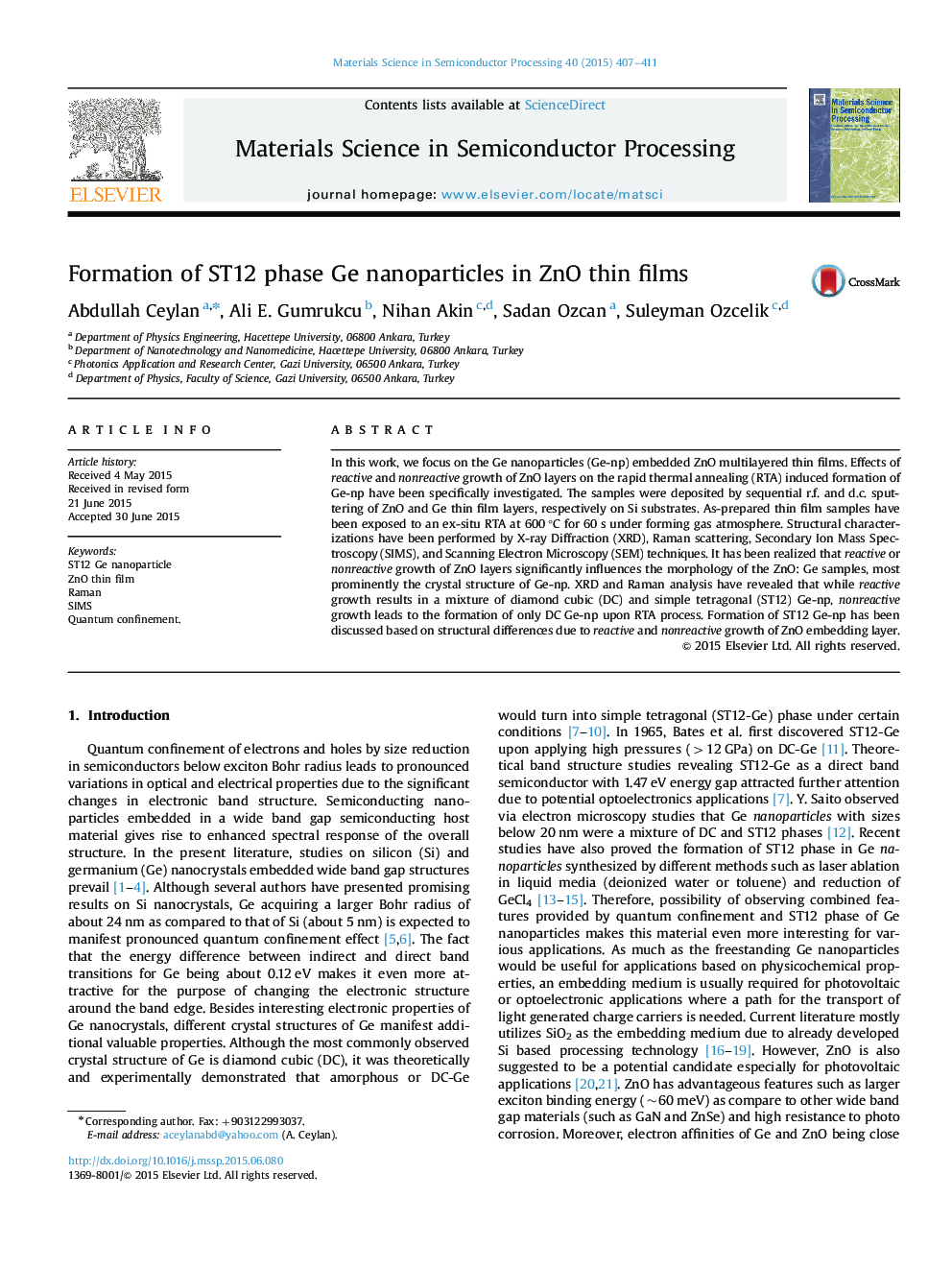 Formation of ST12 phase Ge nanoparticles in ZnO thin films