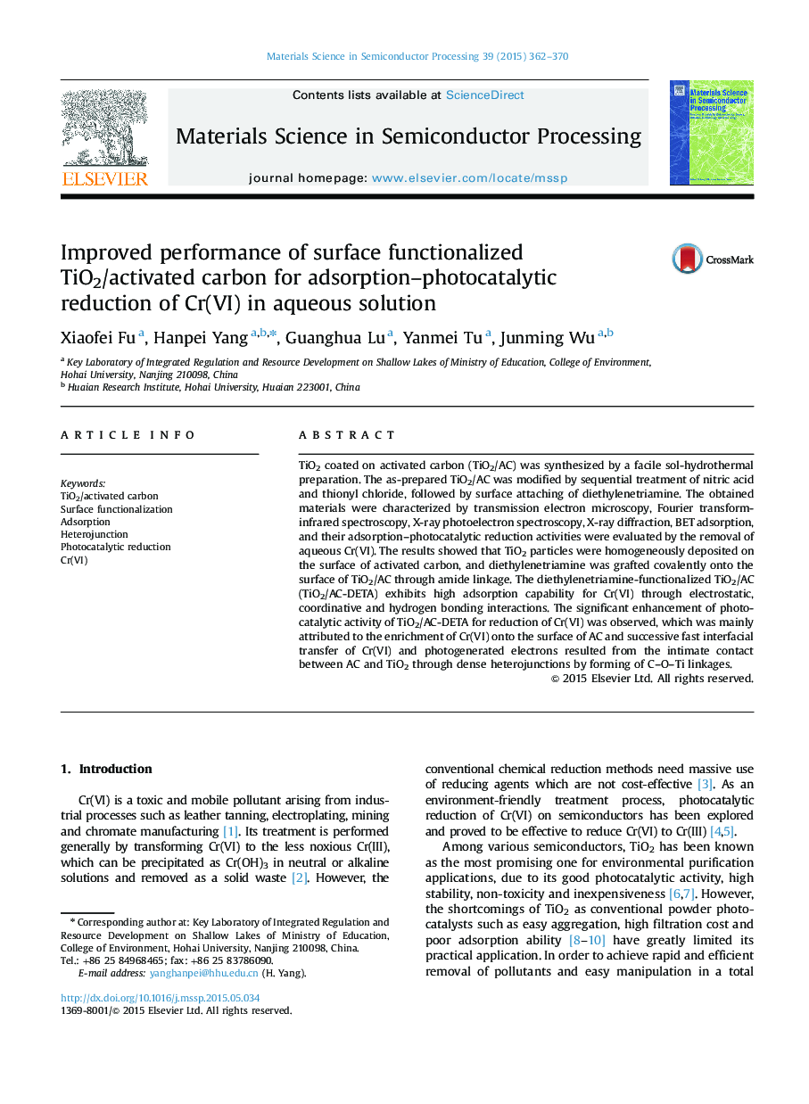 Improved performance of surface functionalized TiO2/activated carbon for adsorption-photocatalytic reduction of Cr(VI) in aqueous solution