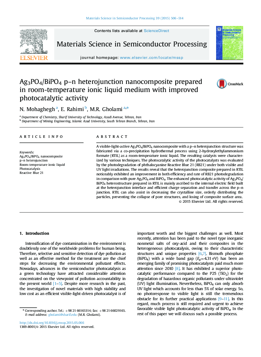 Ag3PO4/BiPO4 p-n heterojunction nanocomposite prepared in room-temperature ionic liquid medium with improved photocatalytic activity