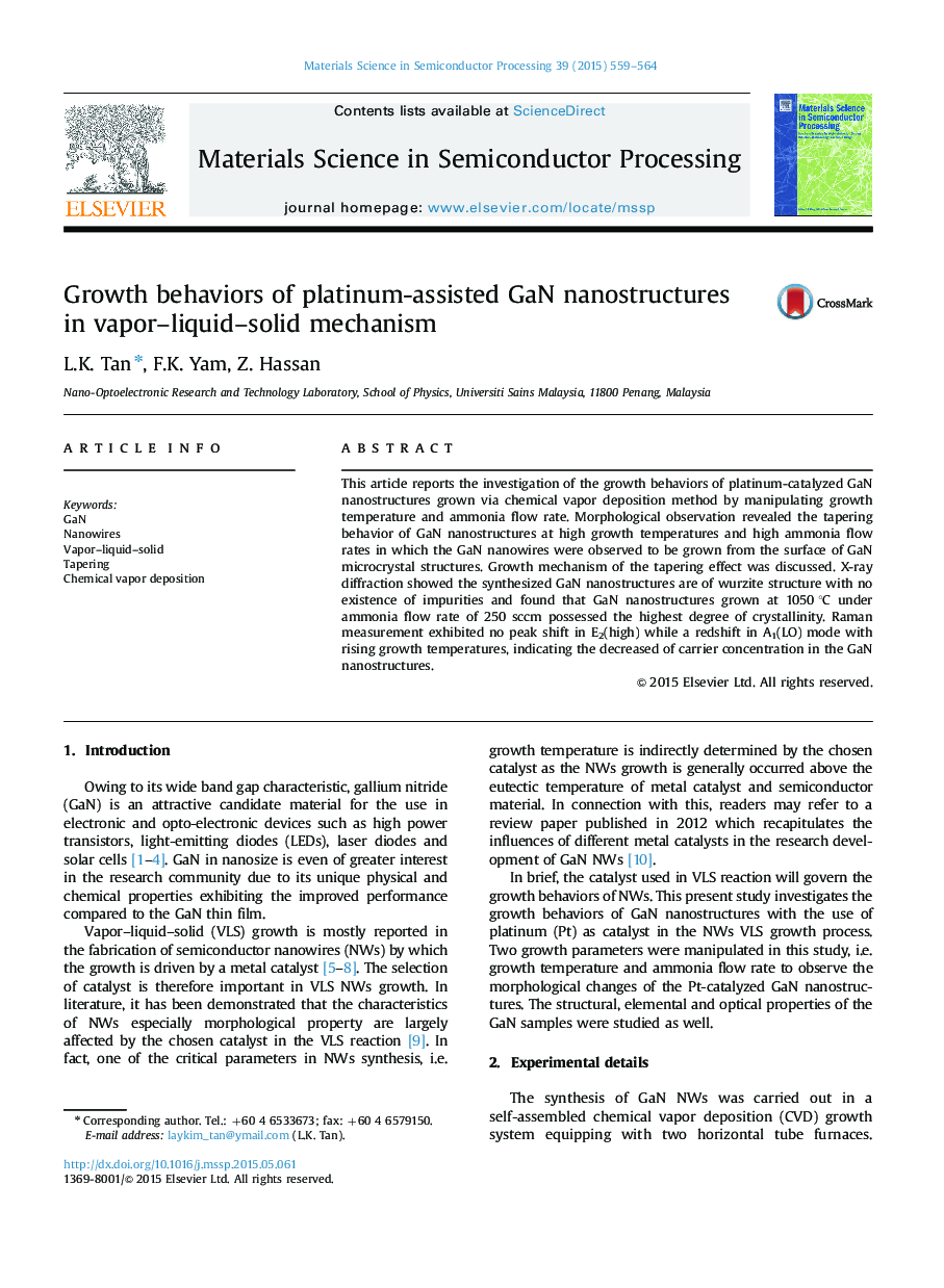 Growth behaviors of platinum-assisted GaN nanostructures in vapor-liquid-solid mechanism