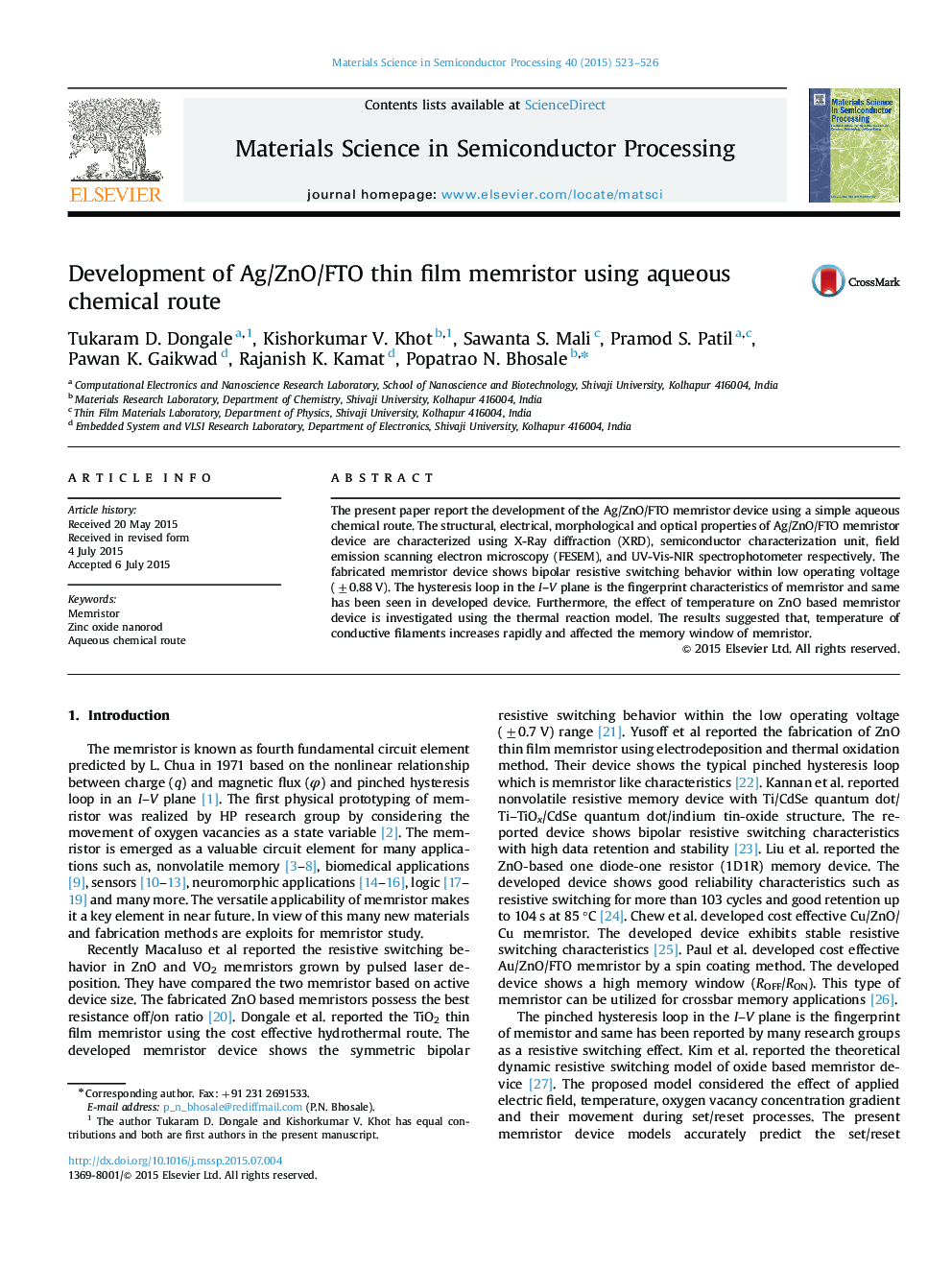 Development of Ag/ZnO/FTO thin film memristor using aqueous chemical route