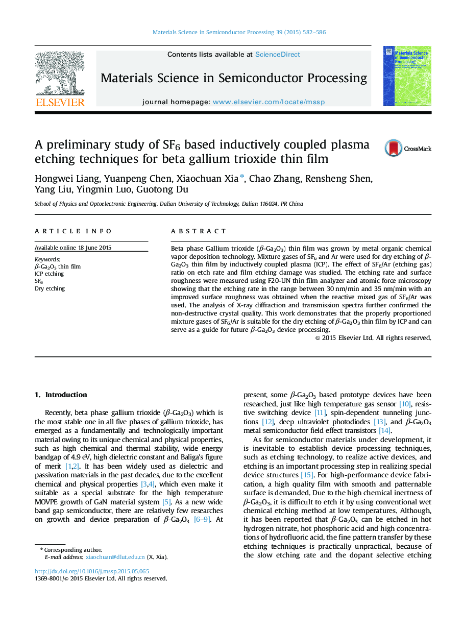 A preliminary study of SF6 based inductively coupled plasma etching techniques for beta gallium trioxide thin film