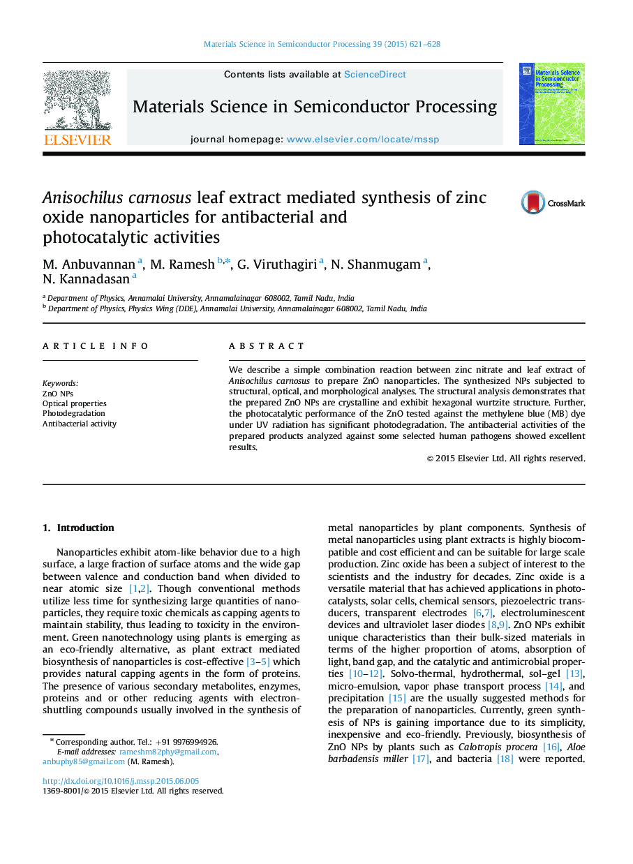 Anisochilus carnosus leaf extract mediated synthesis of zinc oxide nanoparticles for antibacterial and photocatalytic activities