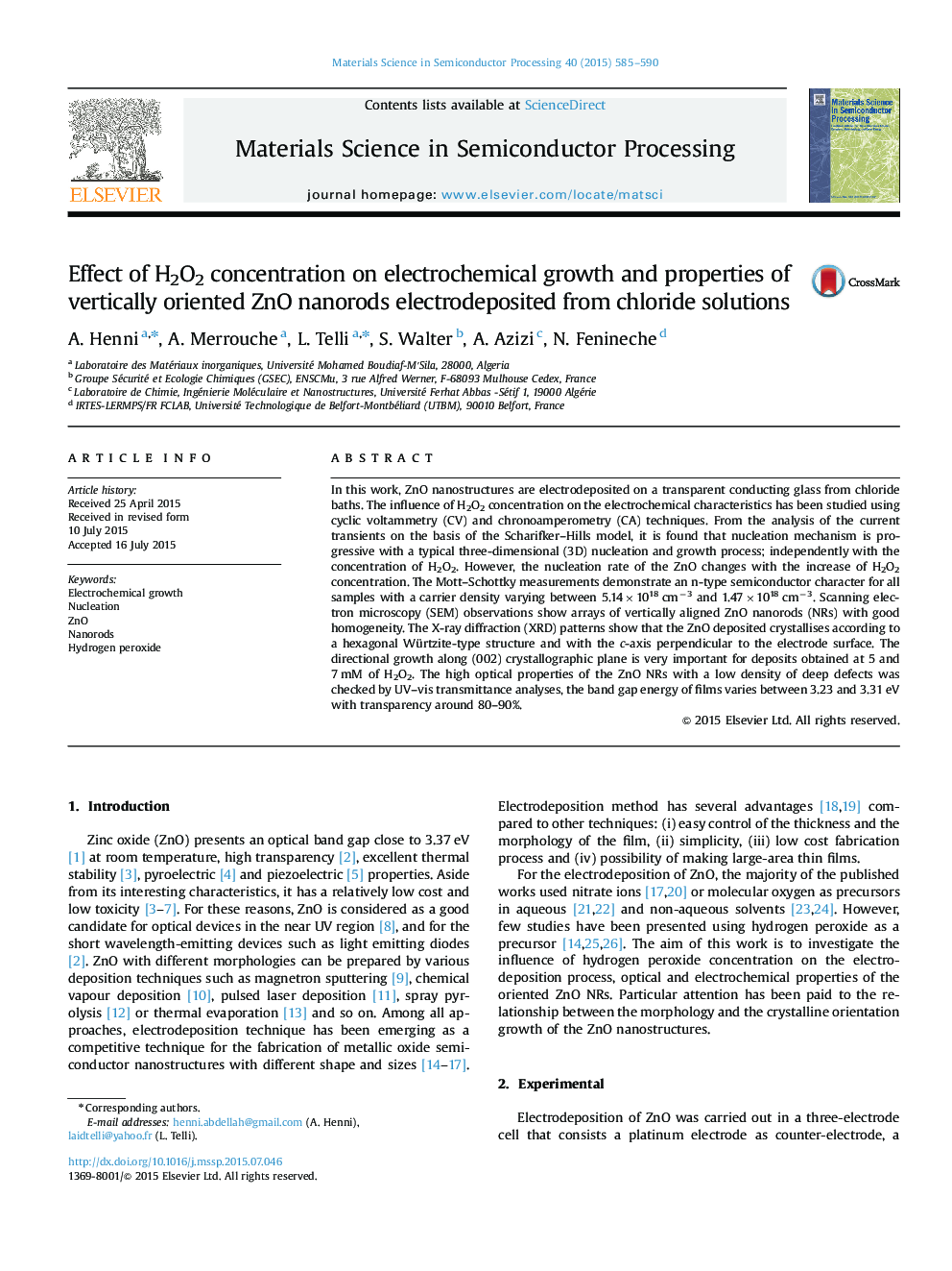 Effect of H2O2 concentration on electrochemical growth and properties of vertically oriented ZnO nanorods electrodeposited from chloride solutions