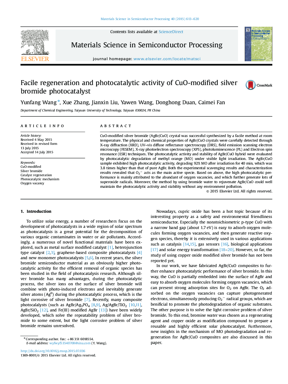 Facile regeneration and photocatalytic activity of CuO-modified silver bromide photocatalyst