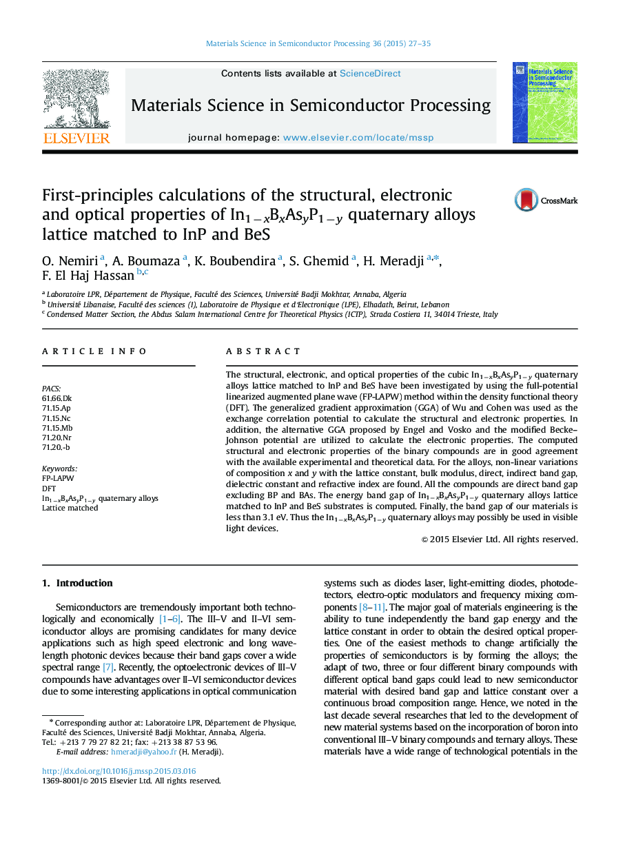 First-principles calculations of the structural, electronic and optical properties of In1âxBxAsyP1ây quaternary alloys lattice matched to InP and BeS