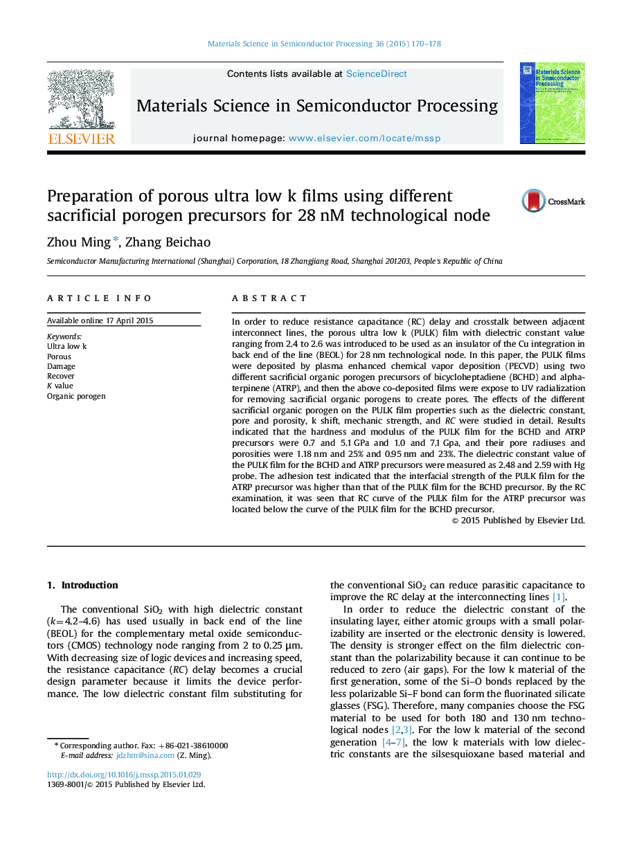 Preparation of porous ultra low k films using different sacrificial porogen precursors for 28Â nM technological node