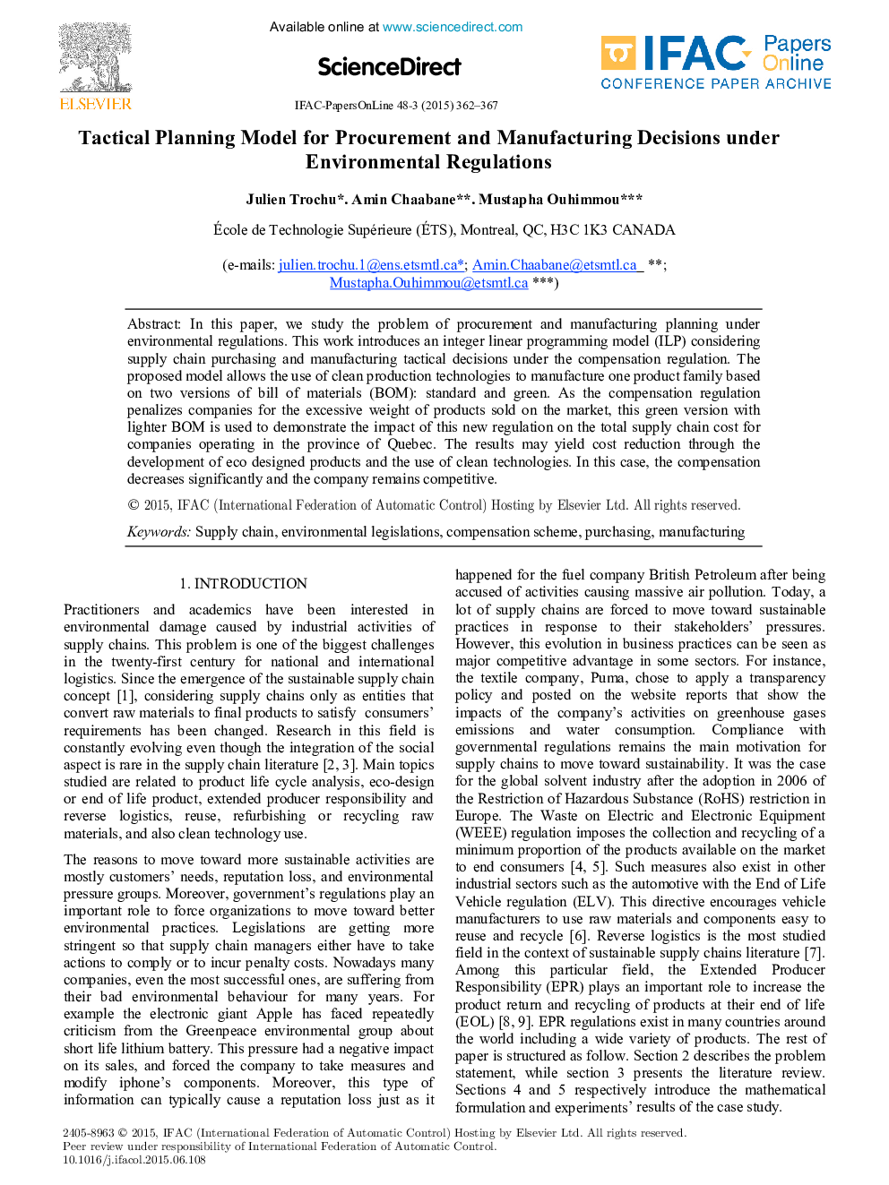 Tactical Planning Model for Procurement and Manufacturing Decisions under Environmental Regulations