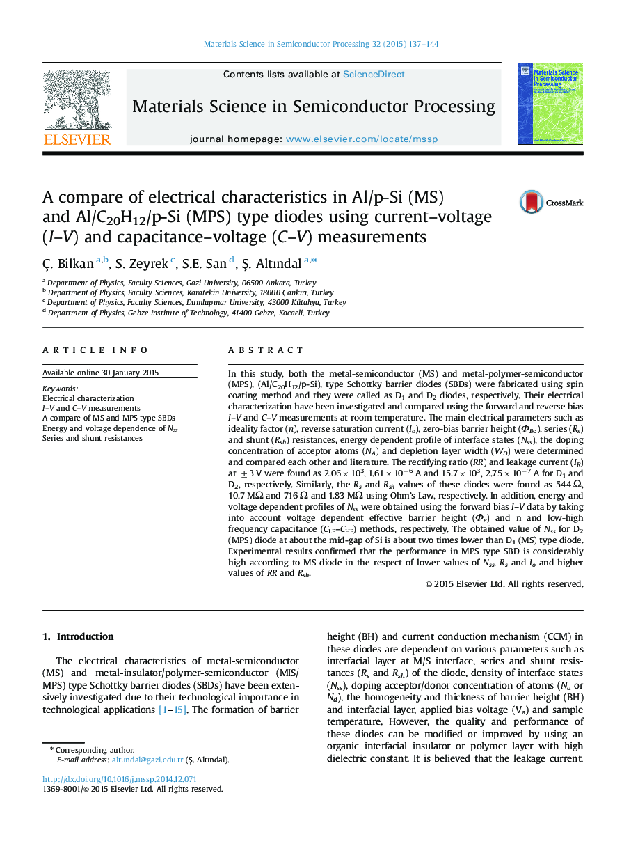 A compare of electrical characteristics in Al/p-Si (MS) and Al/C20H12/p-Si (MPS) type diodes using current-voltage (I-V) and capacitance-voltage (C-V) measurements