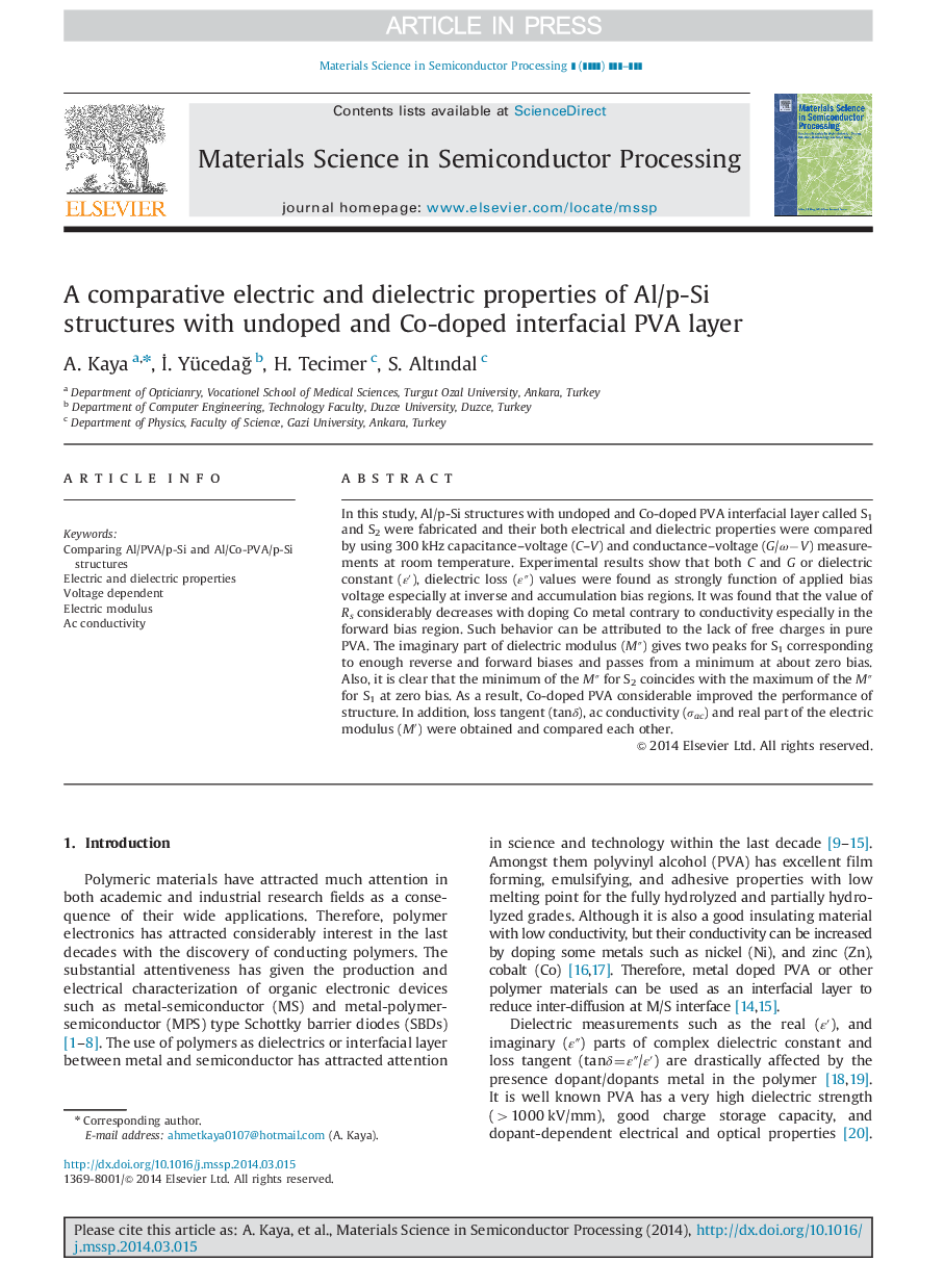 A comparative electric and dielectric properties of Al/p-Si structures with undoped and Co-doped interfacial PVA layer