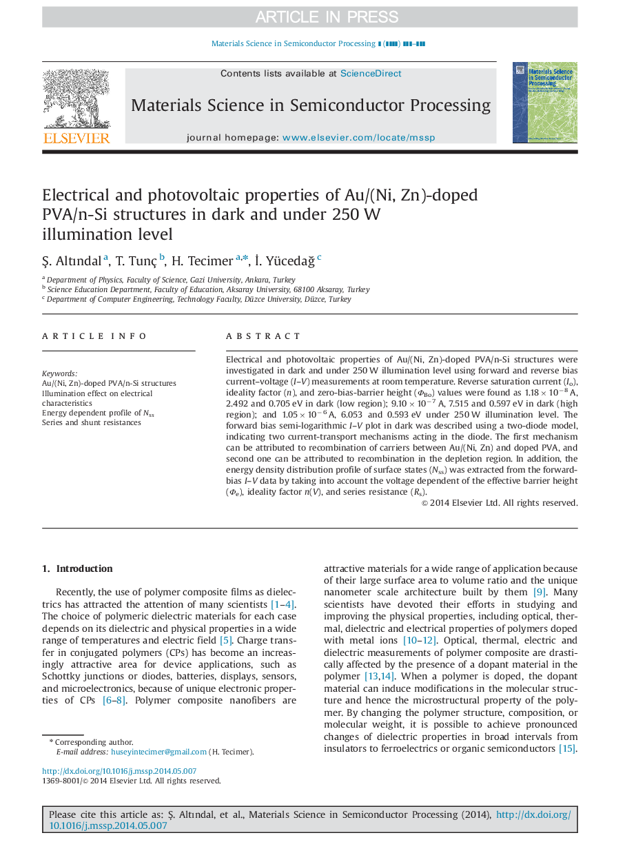 Electrical and photovoltaic properties of Au/(Ni, Zn)-doped PVA/n-Si structures in dark and under 250Â W illumination level