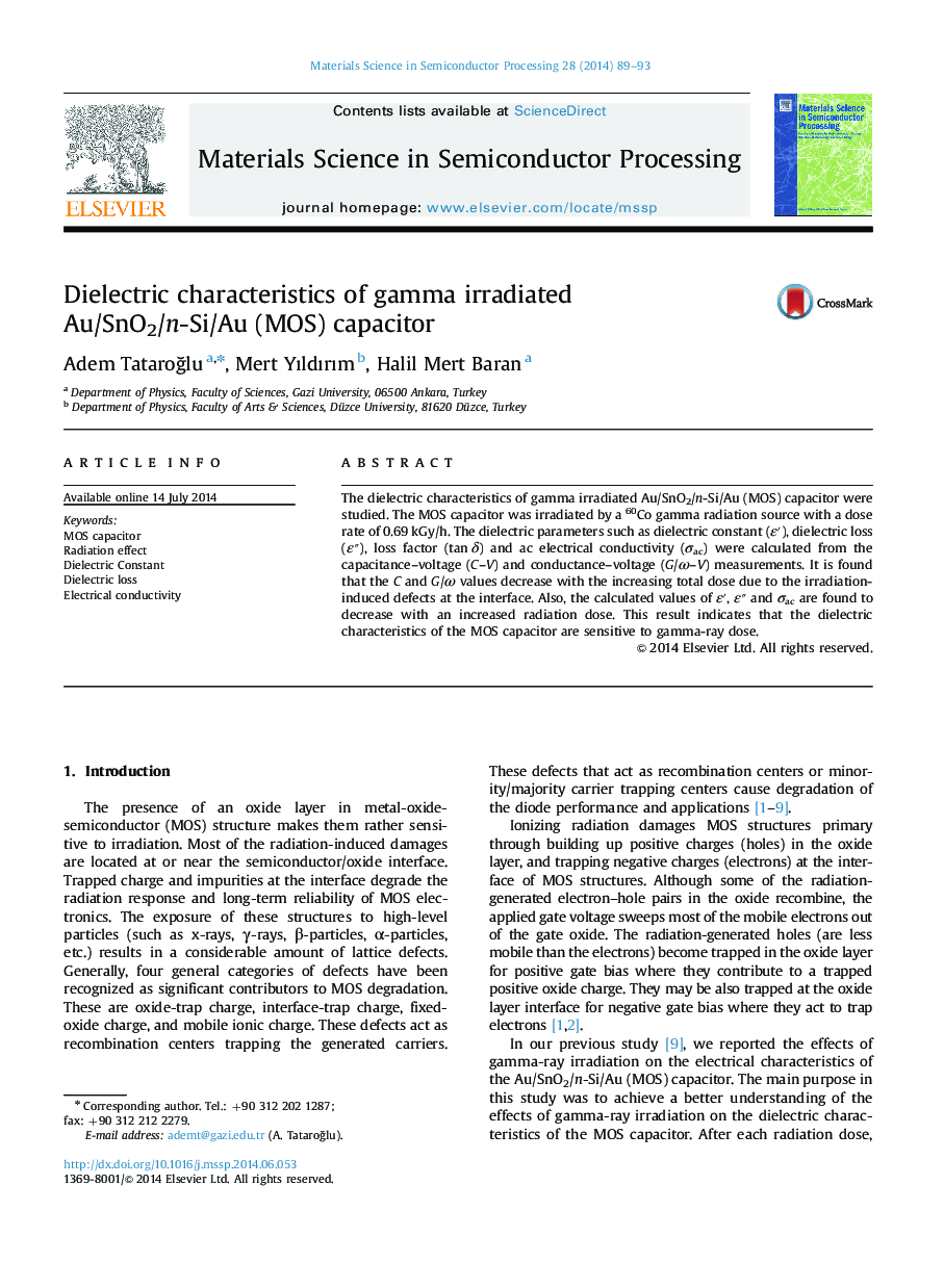 Dielectric characteristics of gamma irradiated Au/SnO2/n-Si/Au (MOS) capacitor