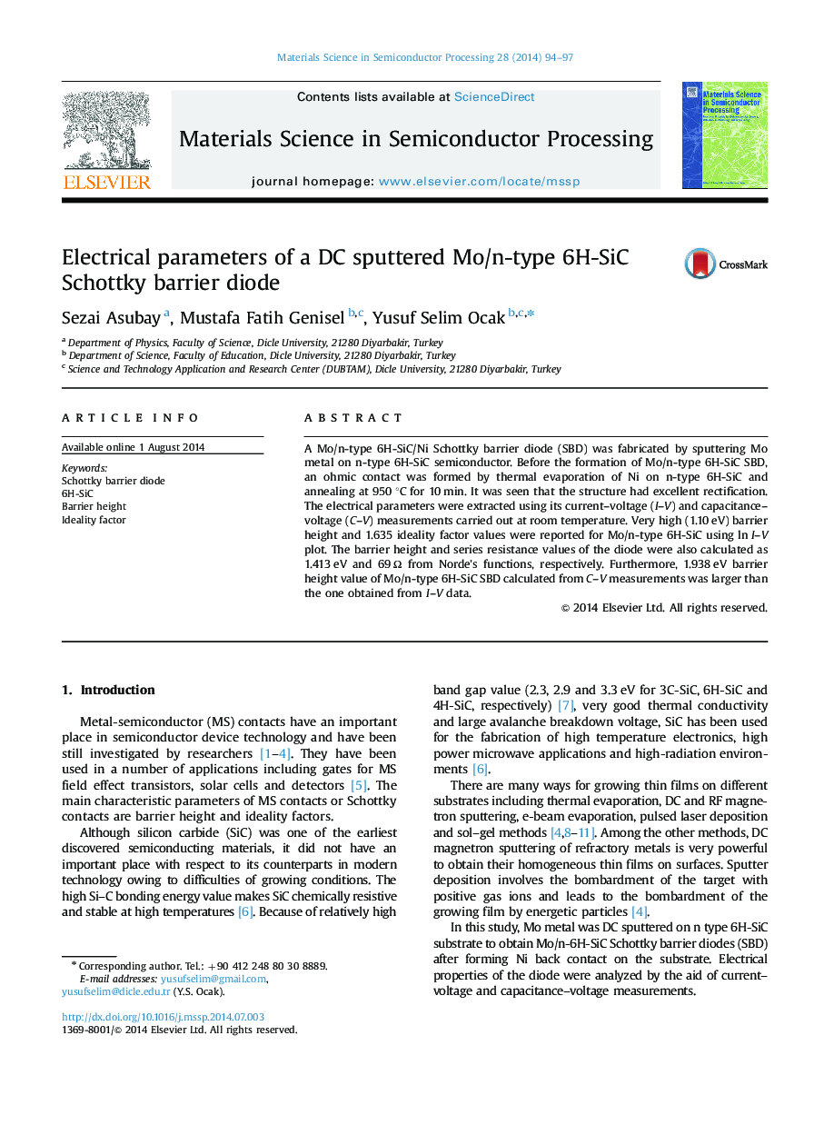 Electrical parameters of a DC sputtered Mo/n-type 6H-SiC Schottky barrier diode