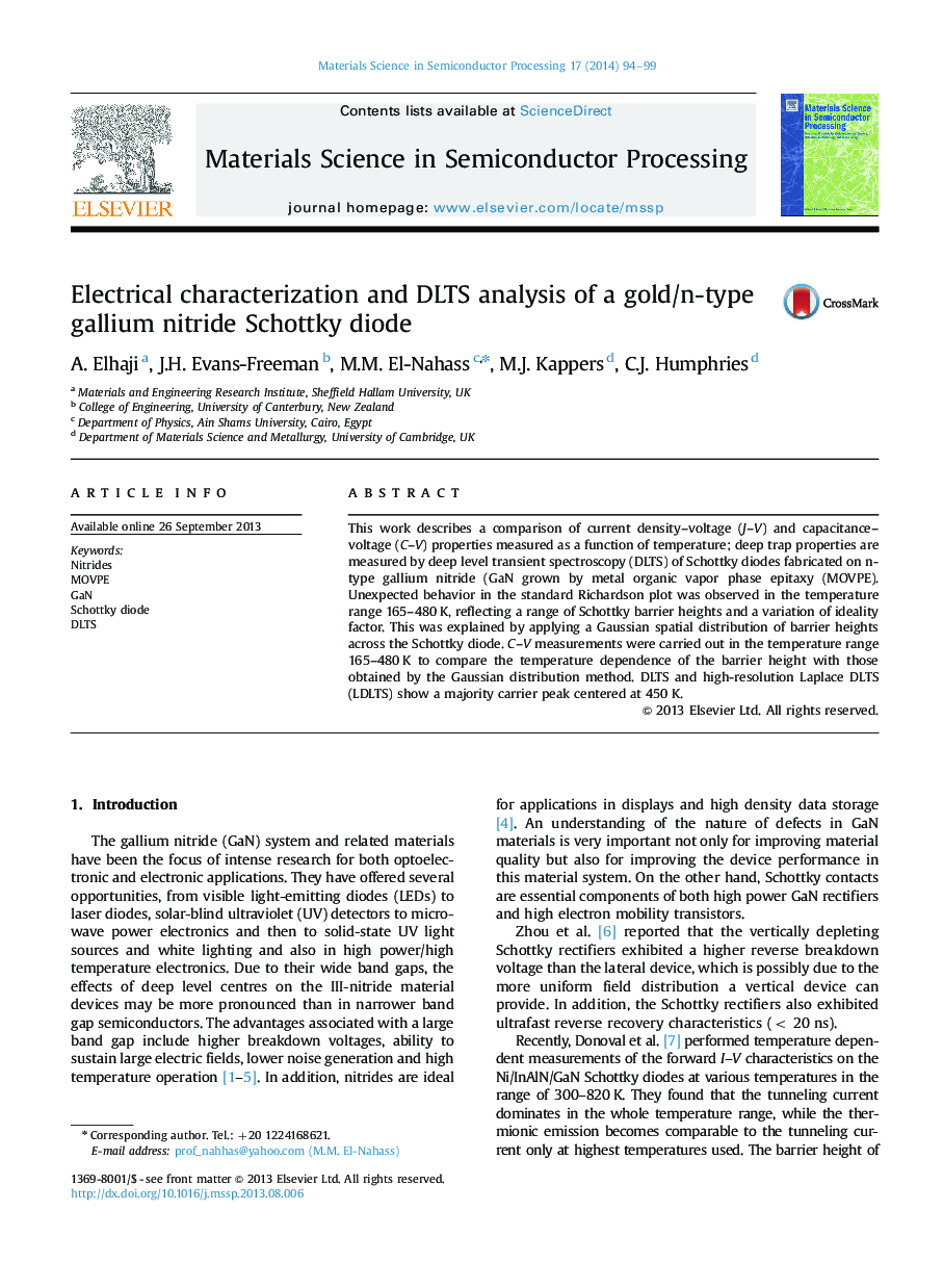 Electrical characterization and DLTS analysis of a gold/n-type gallium nitride Schottky diode