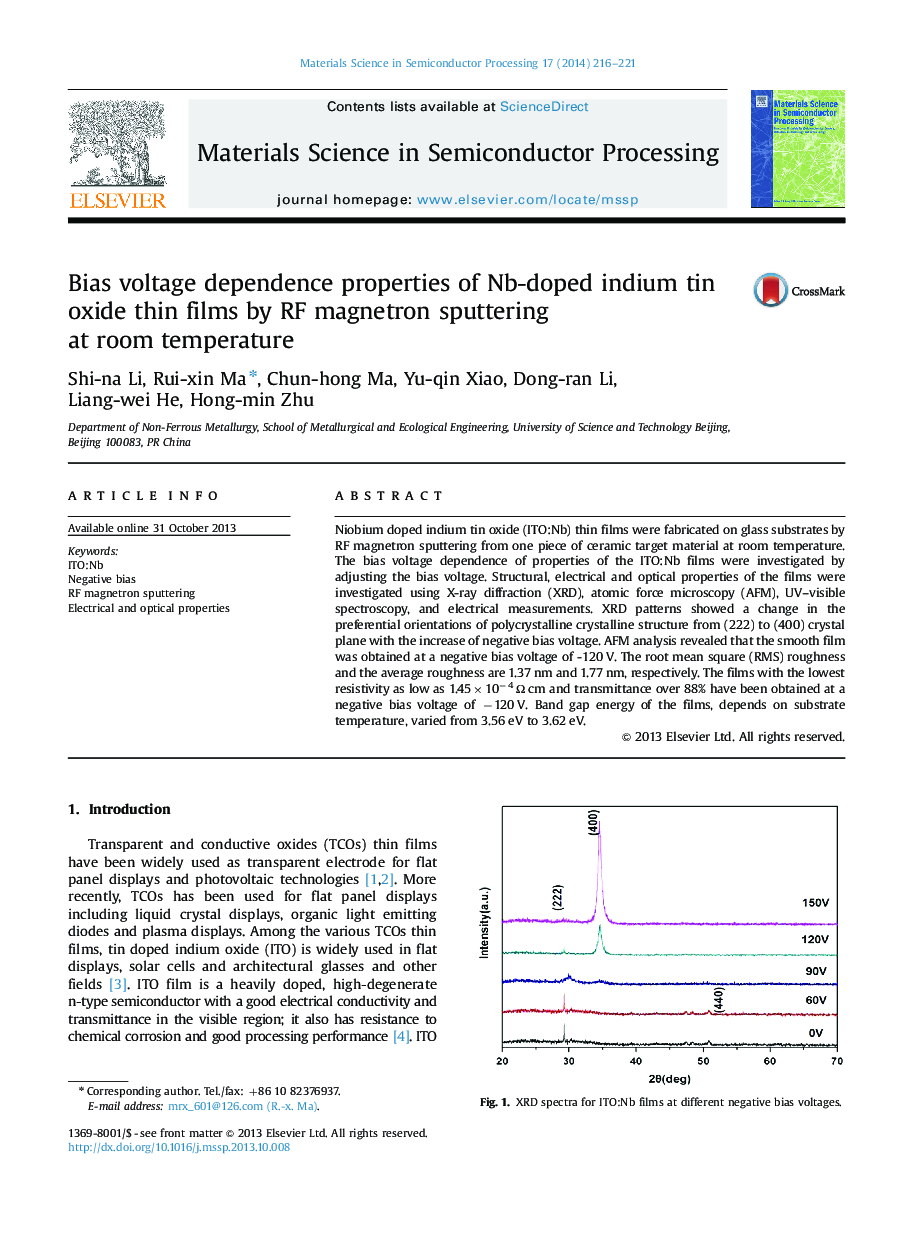 Bias voltage dependence properties of Nb-doped indium tin oxide thin films by RF magnetron sputtering at room temperature