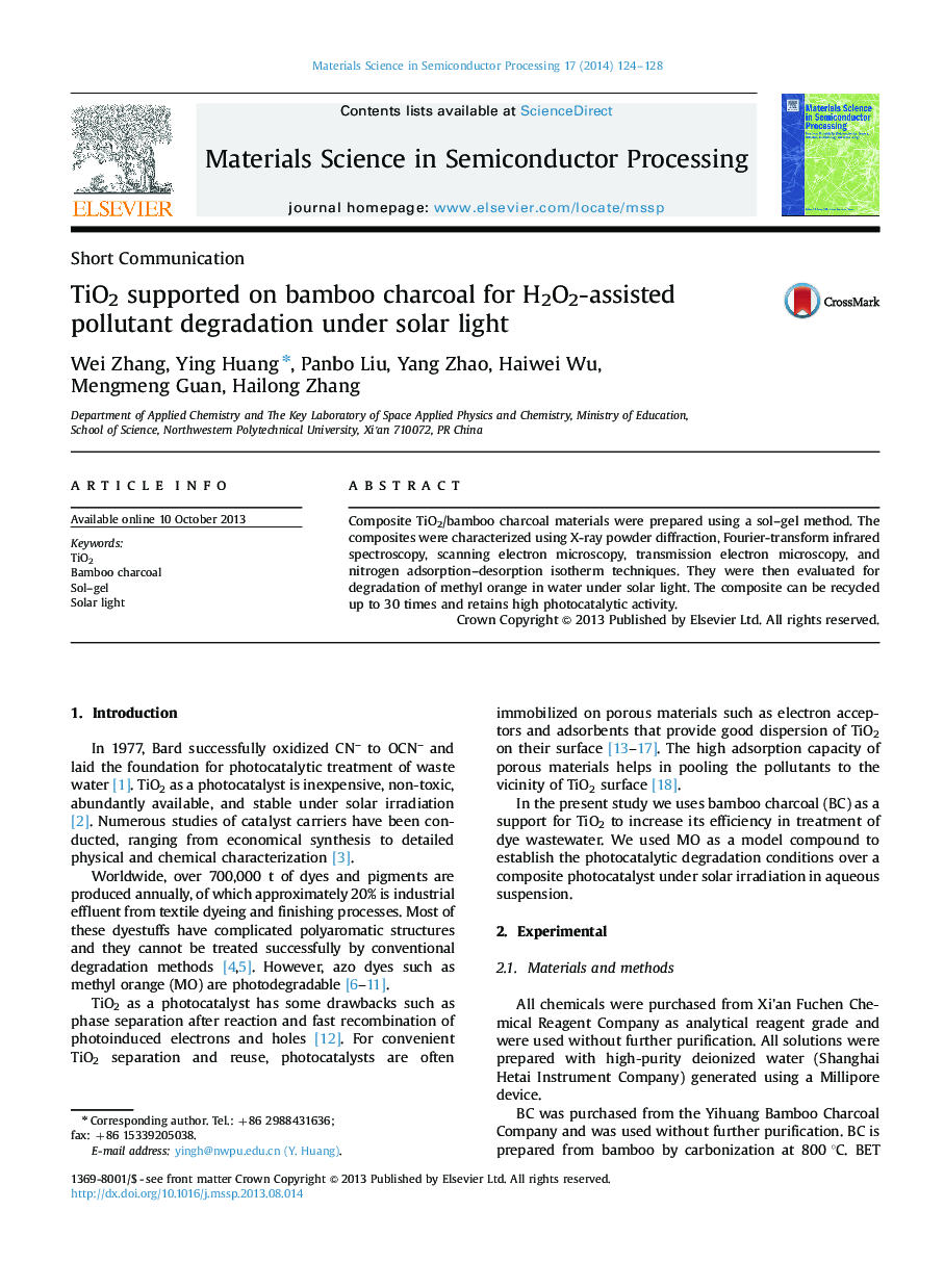 TiO2 supported on bamboo charcoal for H2O2-assisted pollutant degradation under solar light