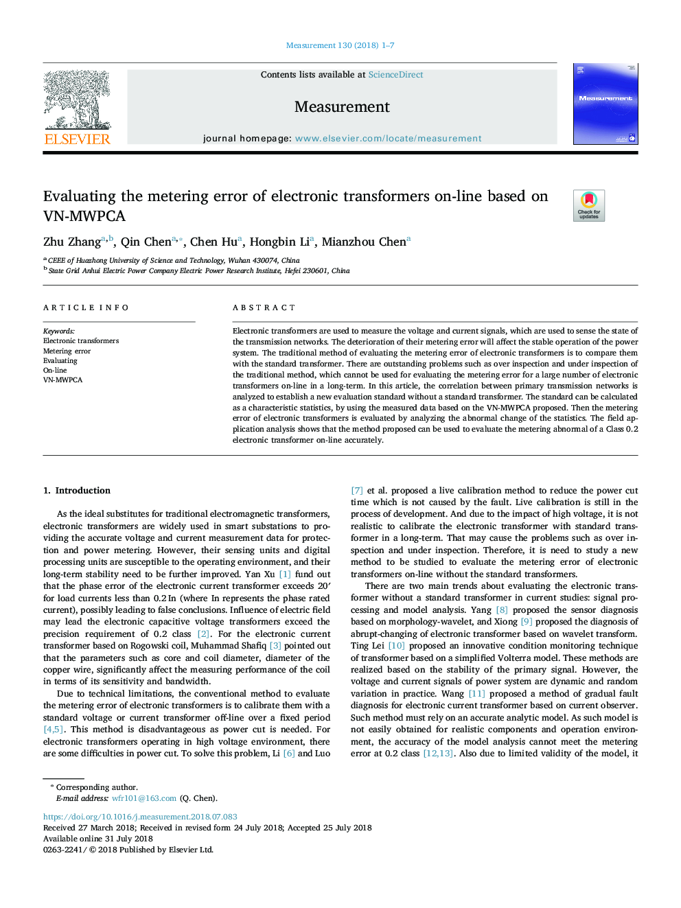 Evaluating the metering error of electronic transformers on-line based on VN-MWPCA