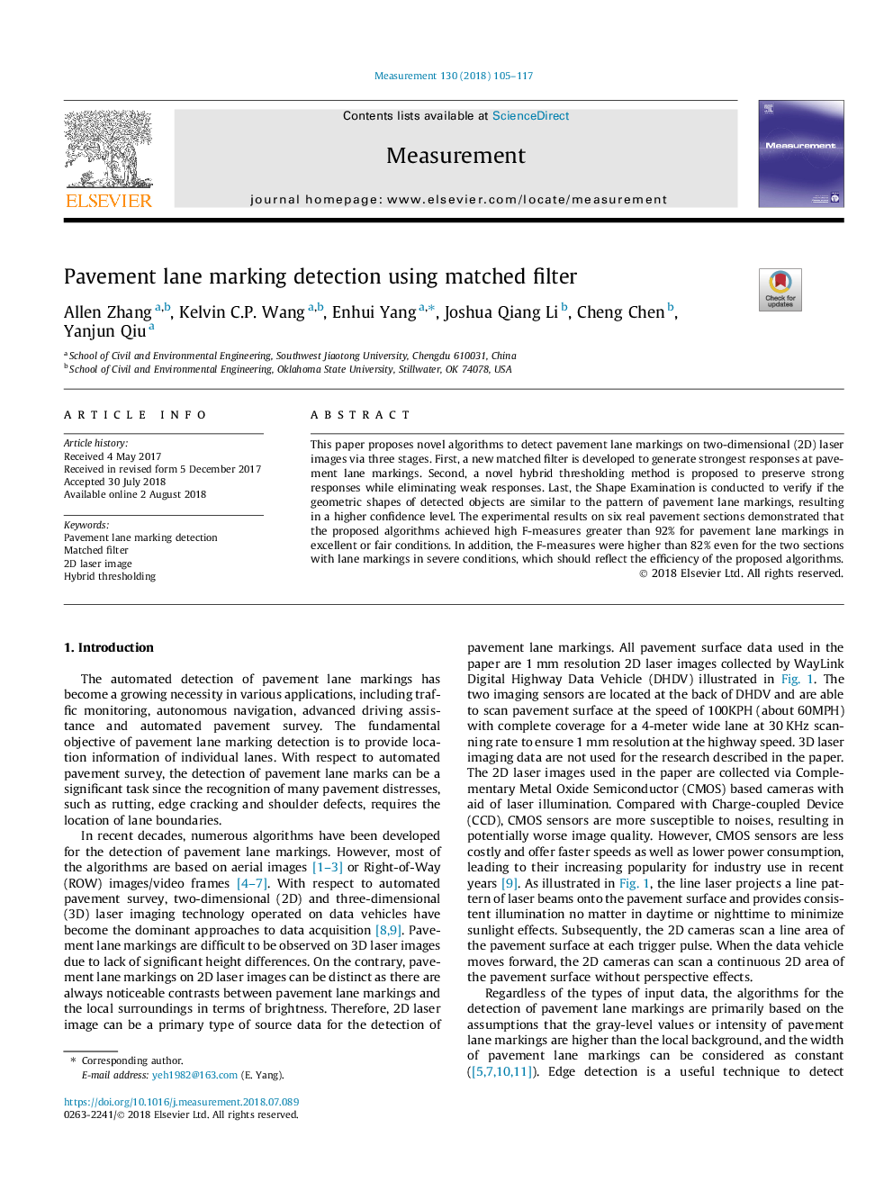 Pavement lane marking detection using matched filter