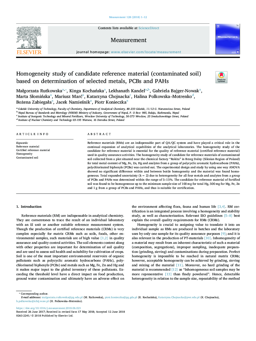 Homogeneity study of candidate reference material (contaminated soil) based on determination of selected metals, PCBs and PAHs