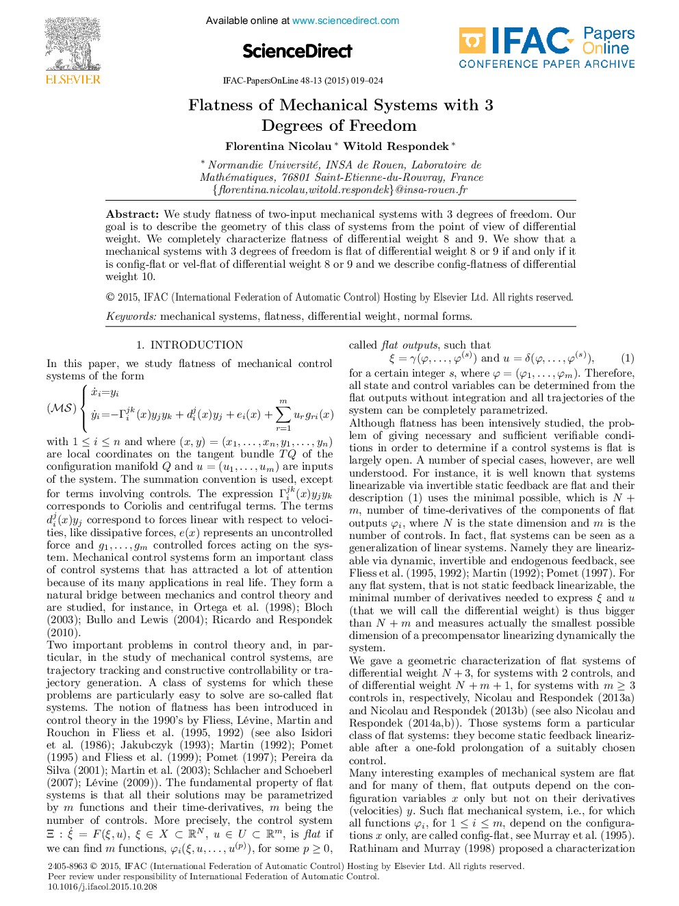 Flatness of Mechanical Systems with 3 Degrees of Freedom