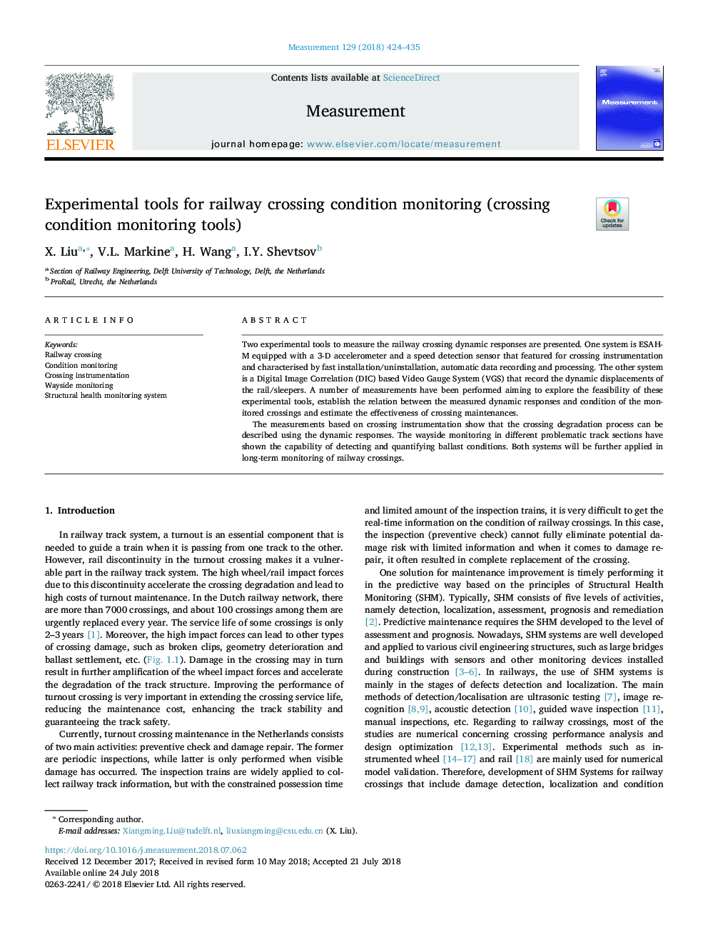 Experimental tools for railway crossing condition monitoring (crossing condition monitoring tools)