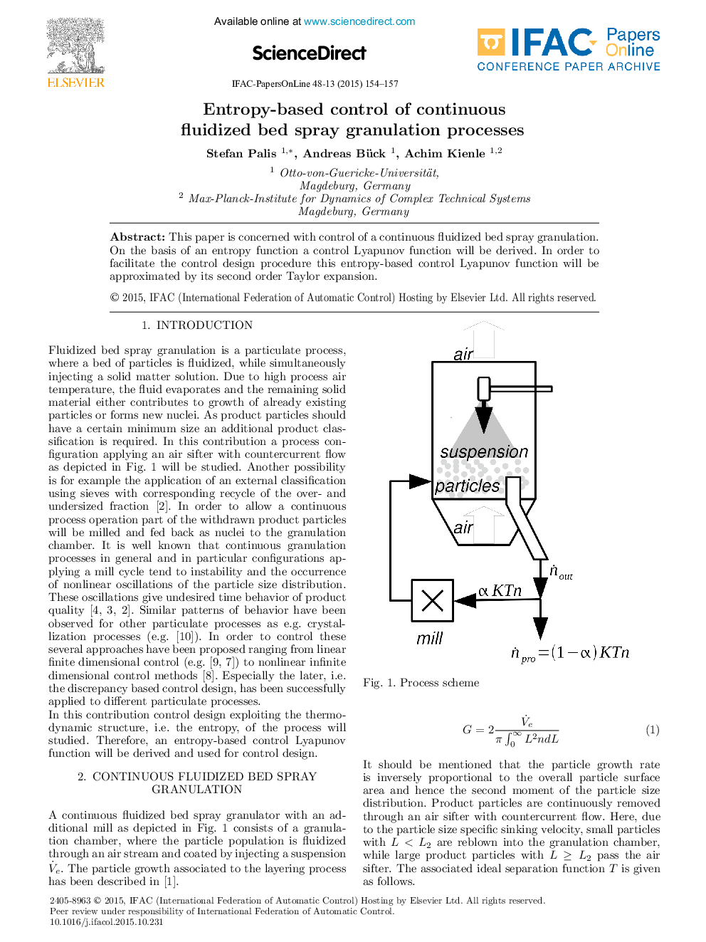 Entropy-based control of continuous Fluidized bed spray granulation processes