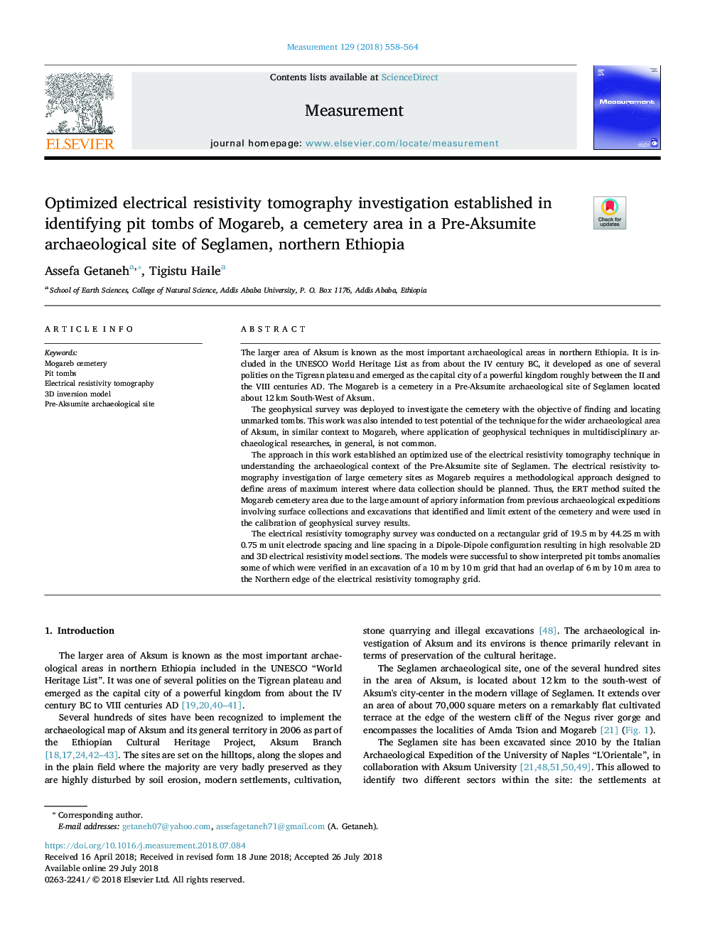 Optimized electrical resistivity tomography investigation established in identifying pit tombs of Mogareb, a cemetery area in a Pre-Aksumite archaeological site of Seglamen, northern Ethiopia