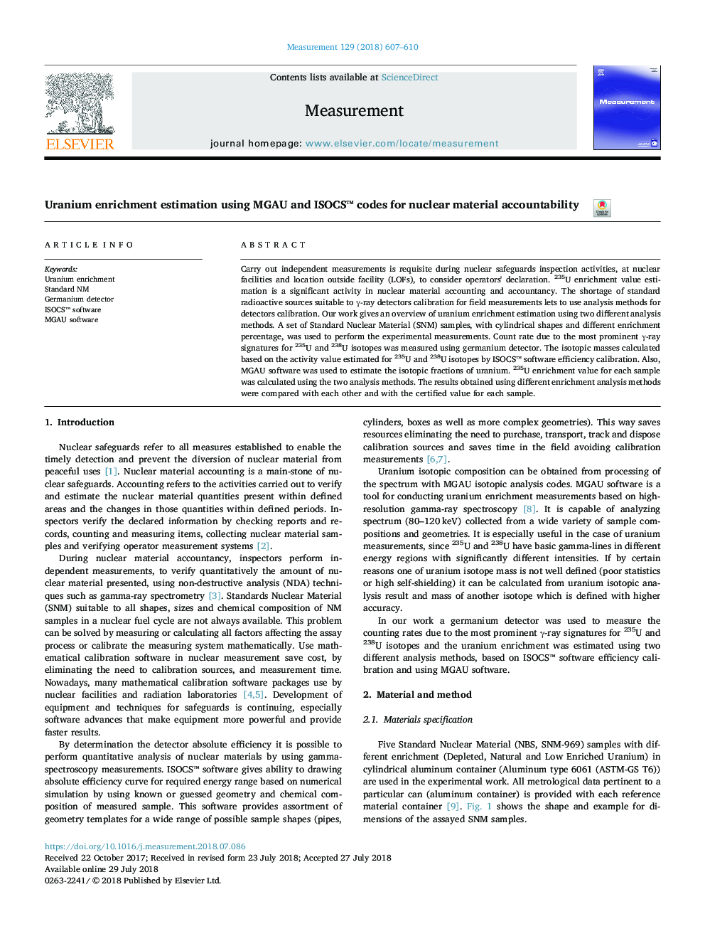 Uranium enrichment estimation using MGAU and ISOCSâ¢ codes for nuclear material accountability