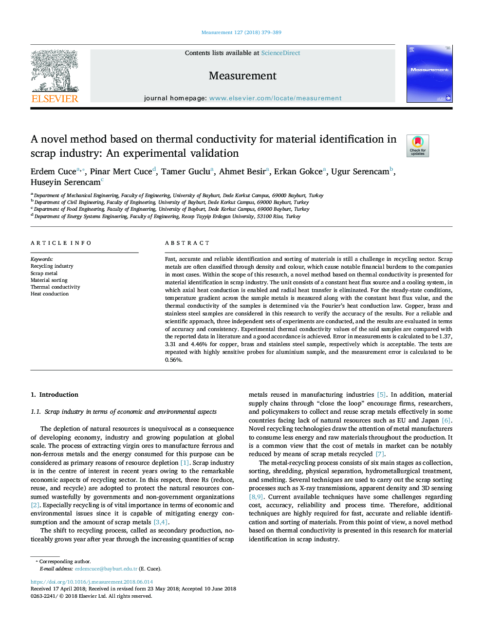 A novel method based on thermal conductivity for material identification in scrap industry: An experimental validation