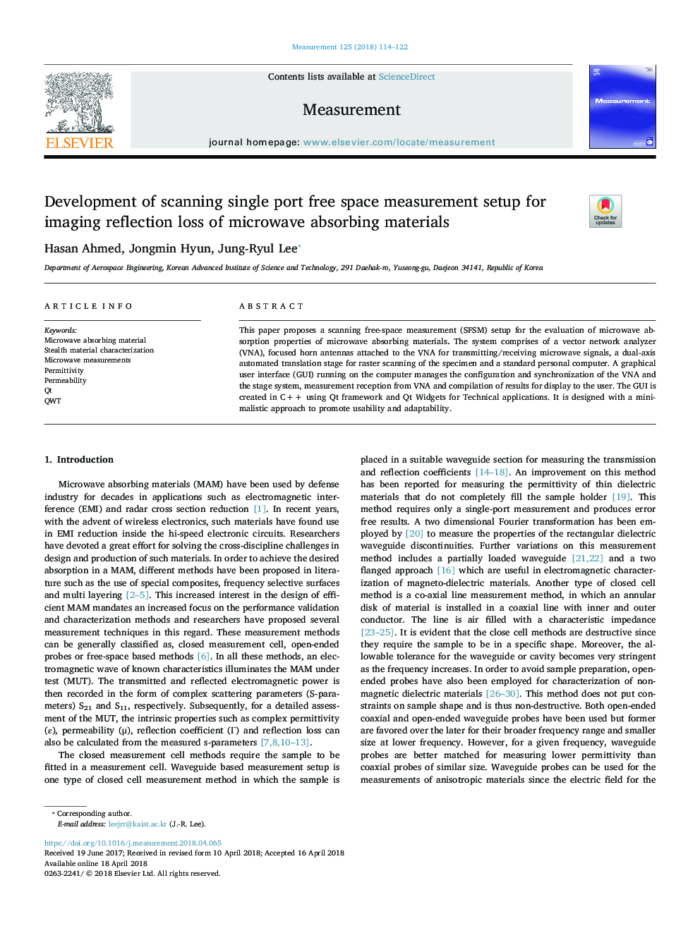 Development of scanning single port free space measurement setup for imaging reflection loss of microwave absorbing materials