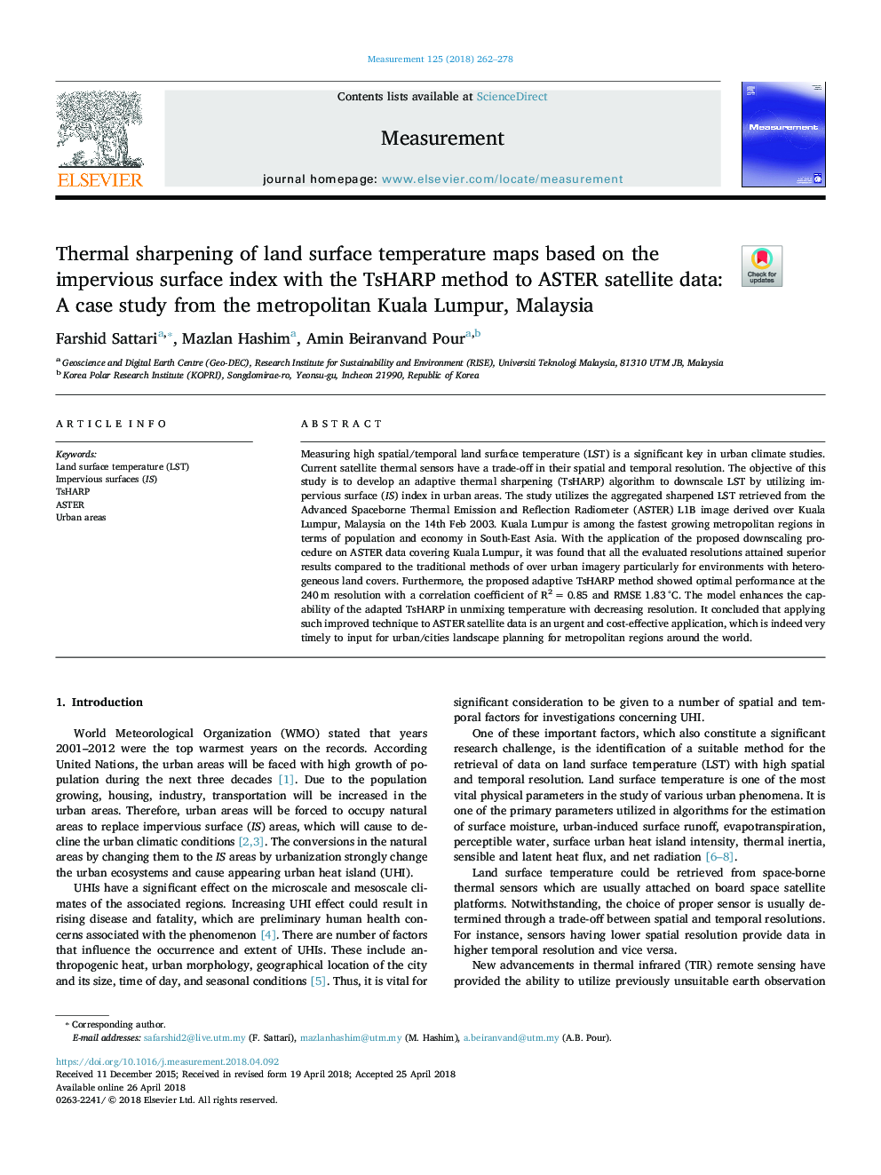 Thermal sharpening of land surface temperature maps based on the impervious surface index with the TsHARP method to ASTER satellite data: A case study from the metropolitan Kuala Lumpur, Malaysia