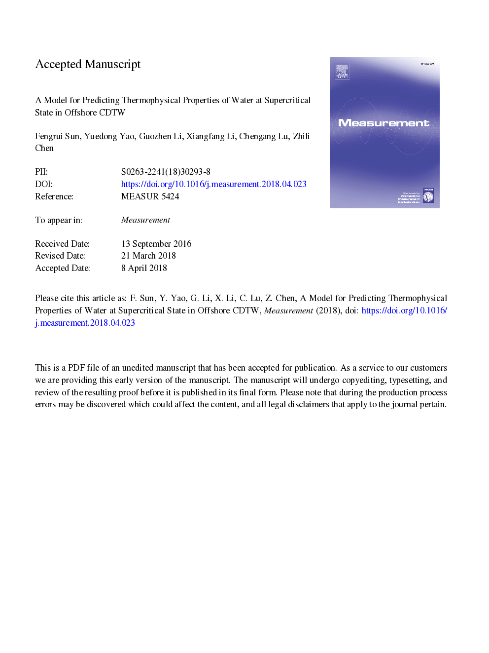 A model for predicting thermophysical properties of water at supercritical state in offshore CDTW