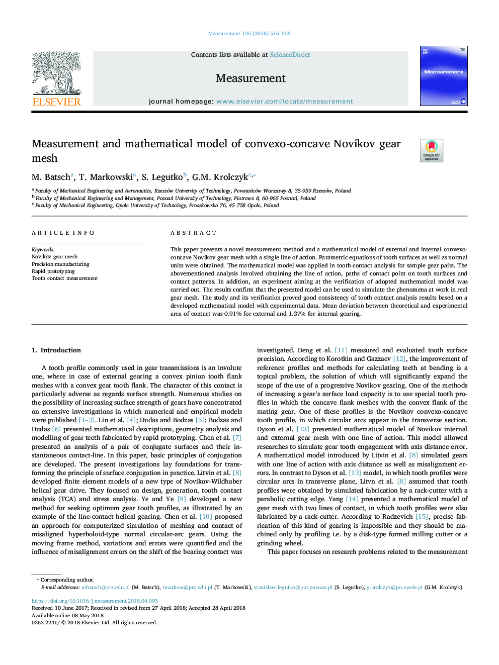 Measurement and mathematical model of convexo-concave Novikov gear mesh
